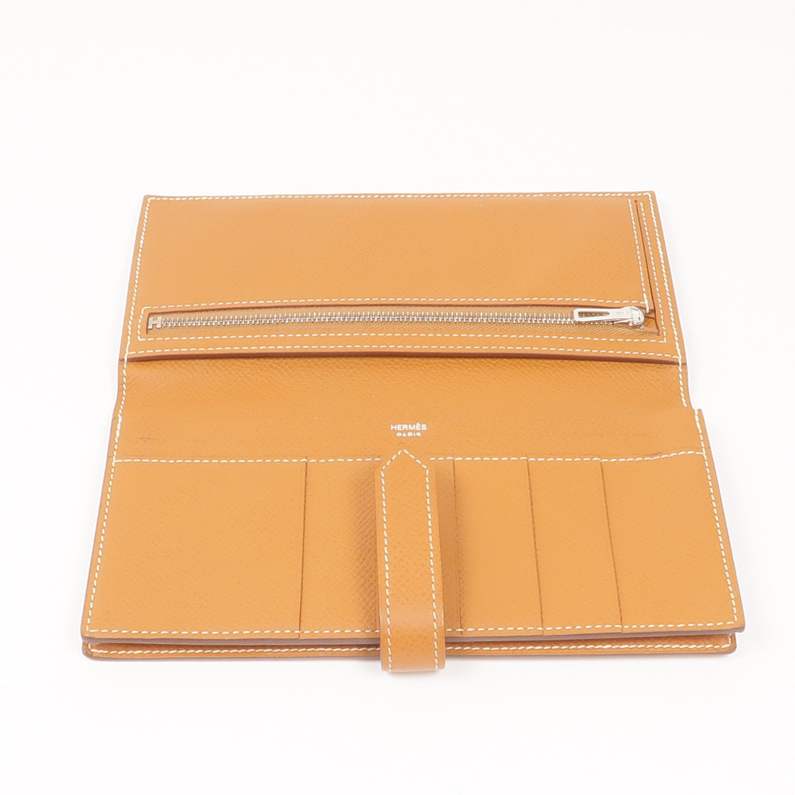 HERMES Epsom皮革Bearn W Snap銀扣長錢包Gold