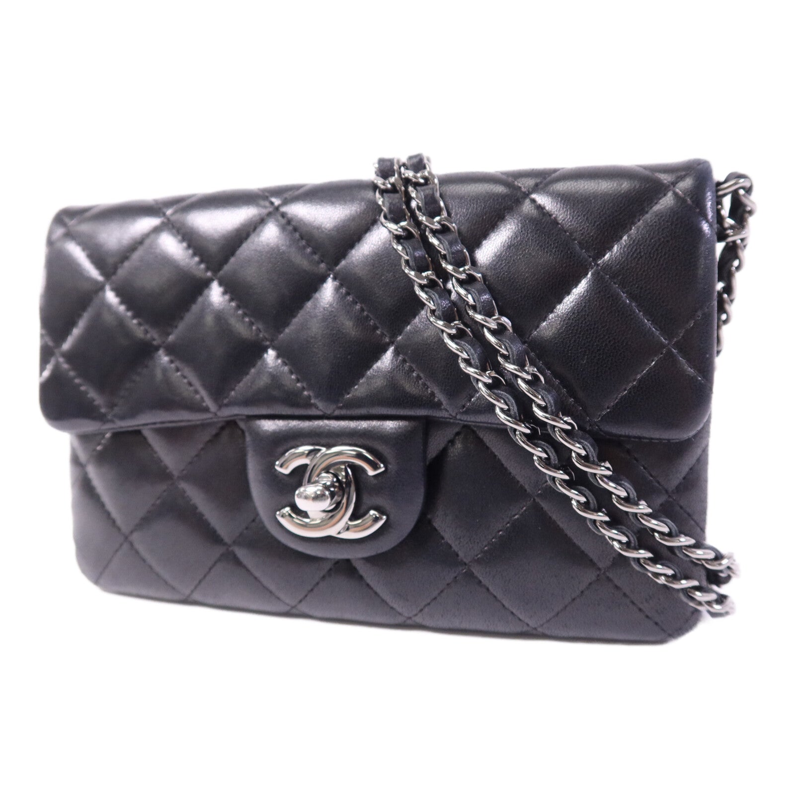 CHANEL 羊皮皮革Chain Shoulder銀扣鏈帶肩背袋