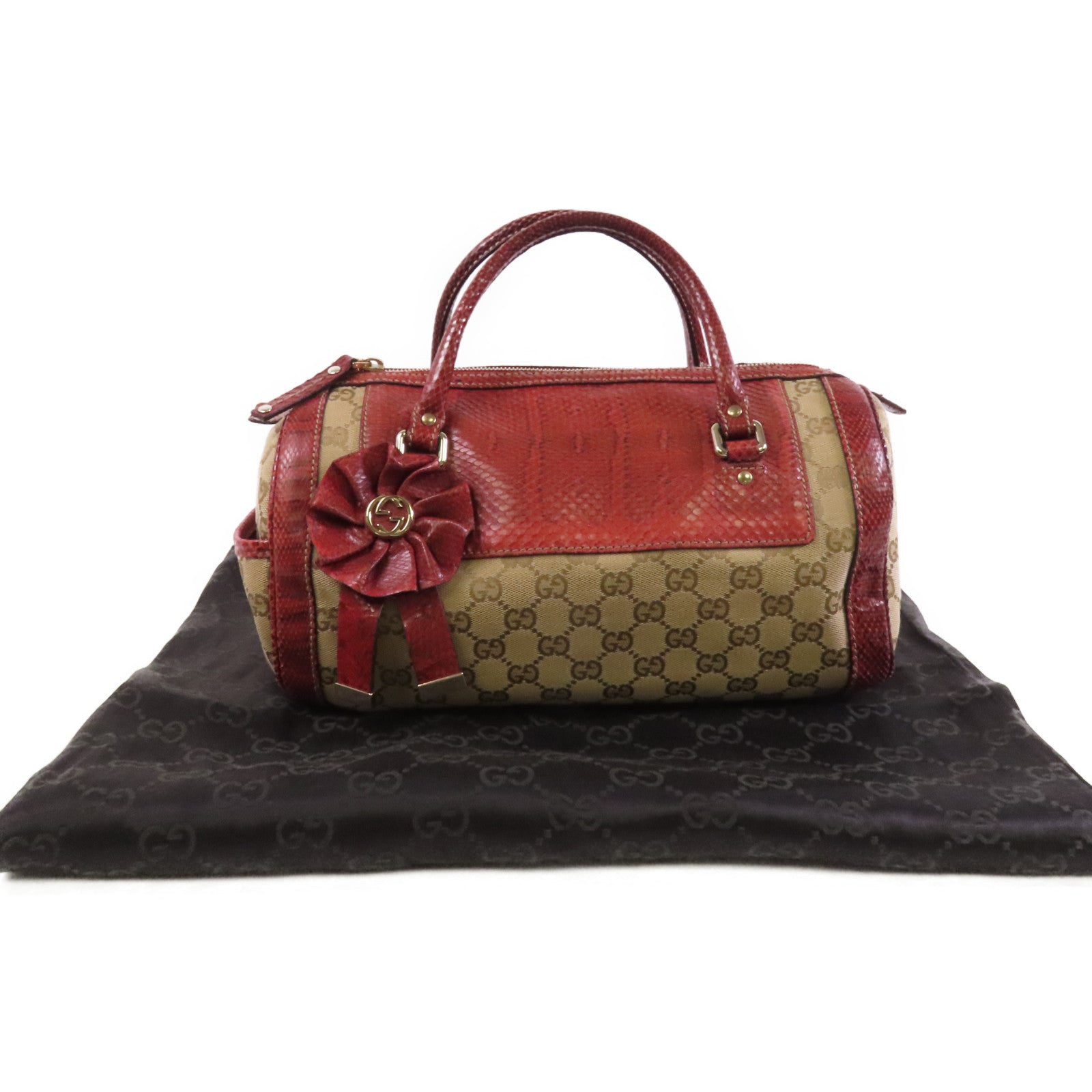 GUCCI GG帆布/蛇皮Trophy金扣手挽袋