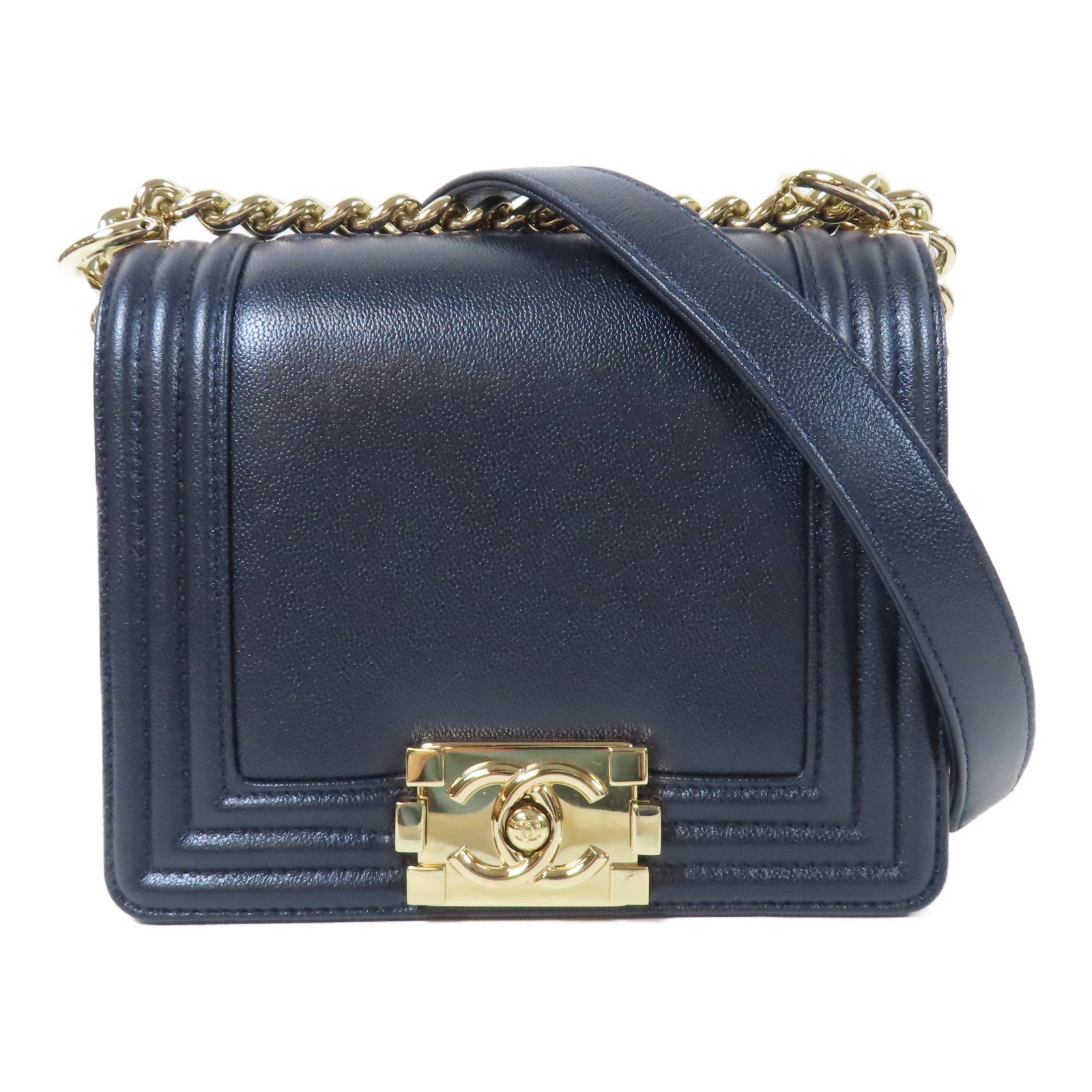 CHANEL Caviar皮革Mini Boy金扣肩背袋深藍色