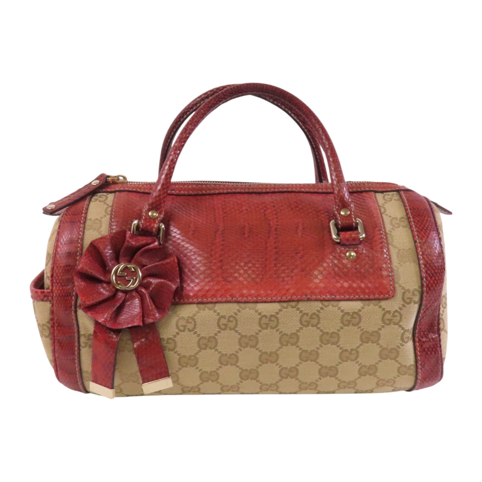 GUCCI GG帆布/蛇皮Trophy金扣手挽袋