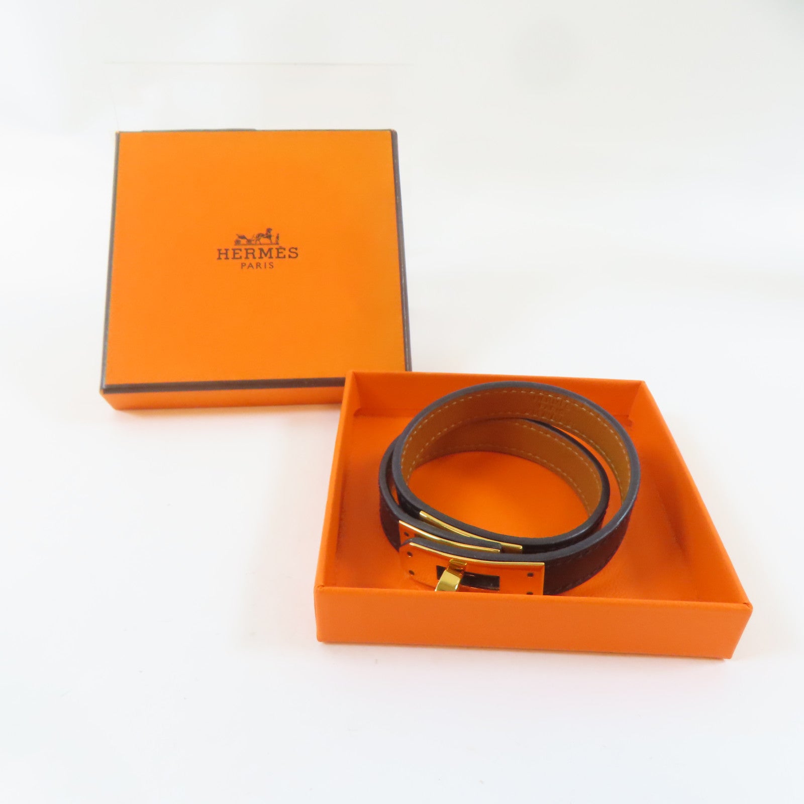 HERMES 皮革Kelly Double Tour手鐲黑色/金色Hermes#S/#15.5cm