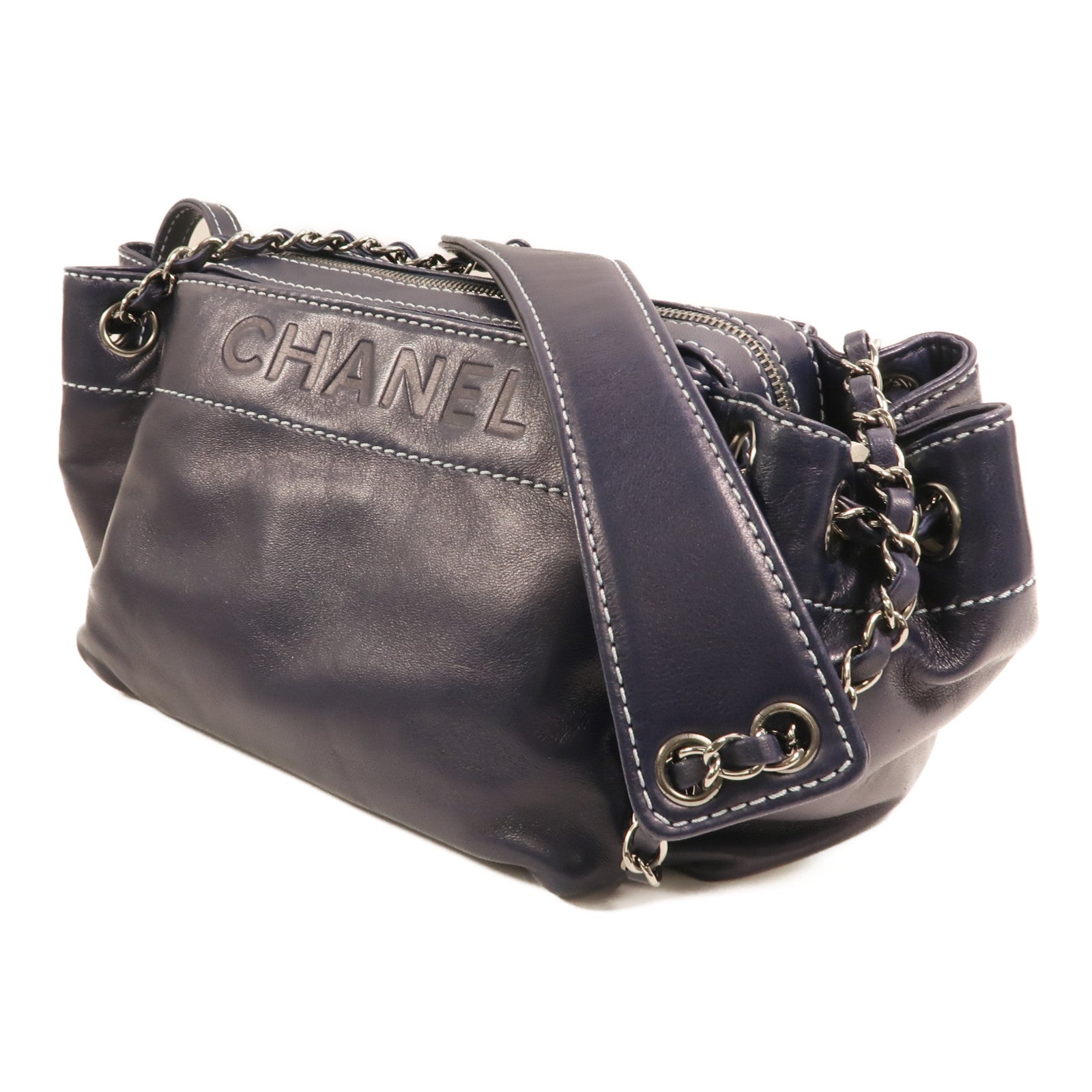 CHANEL 羊皮皮革Vintage Accordion銀扣鏈帶肩背袋