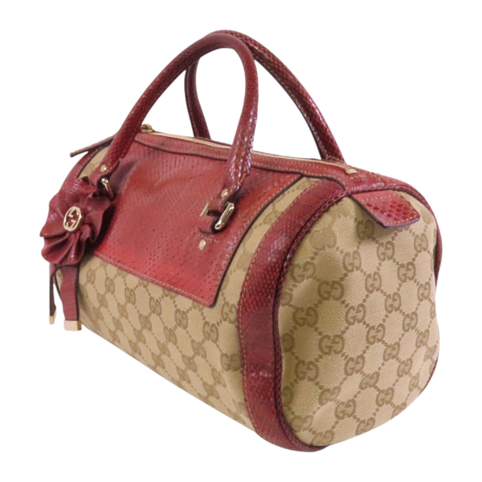 GUCCI GG帆布/蛇皮Trophy金扣手挽袋