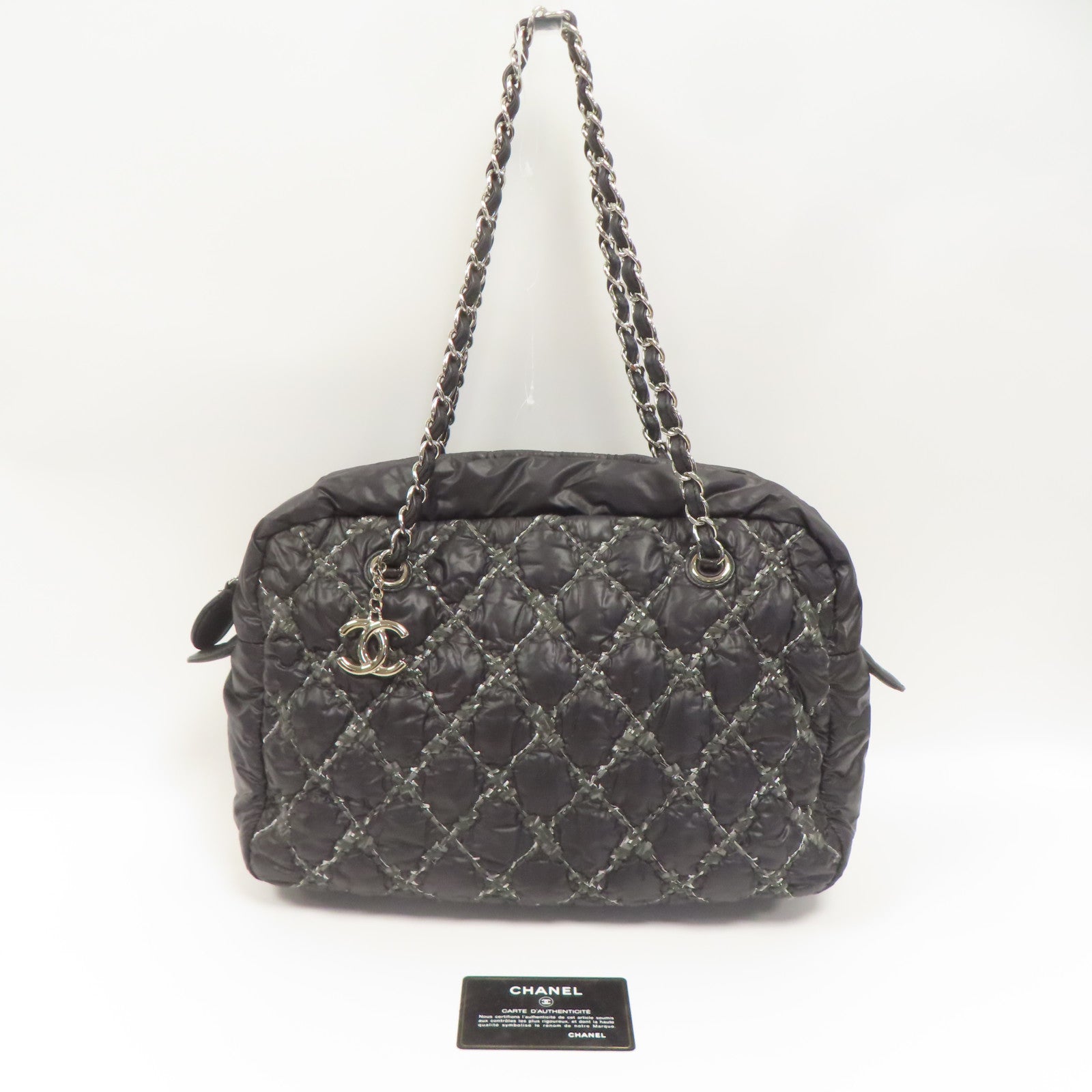 CHANEL 【激減優惠】菱格尼龍Chain Shoulder銀扣鏈帶肩背袋灰色