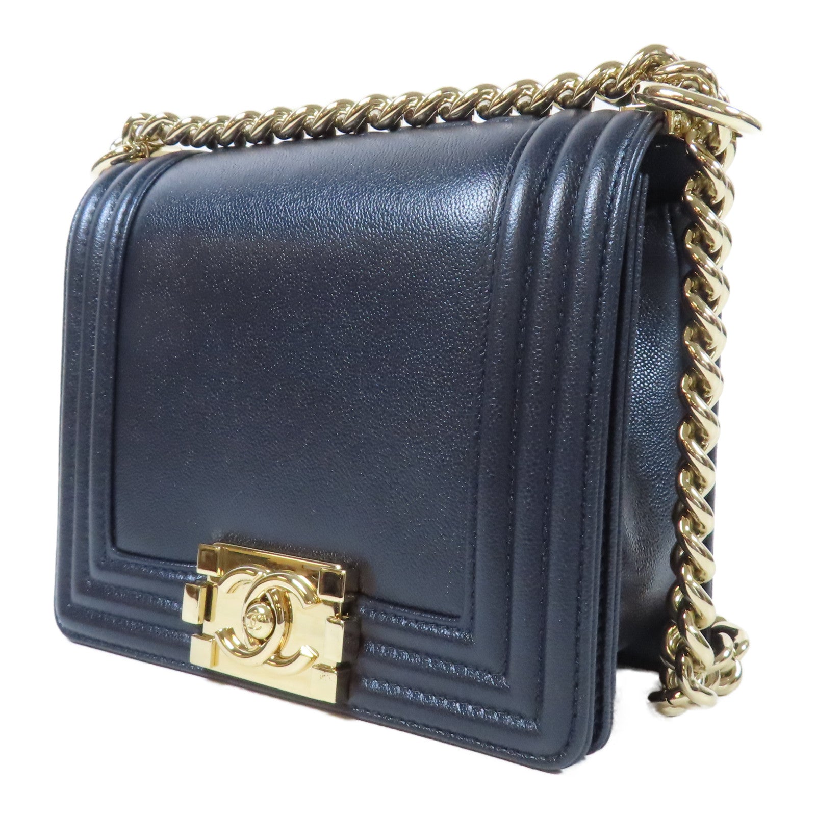 CHANEL Caviar皮革Mini Boy金扣肩背袋深藍色