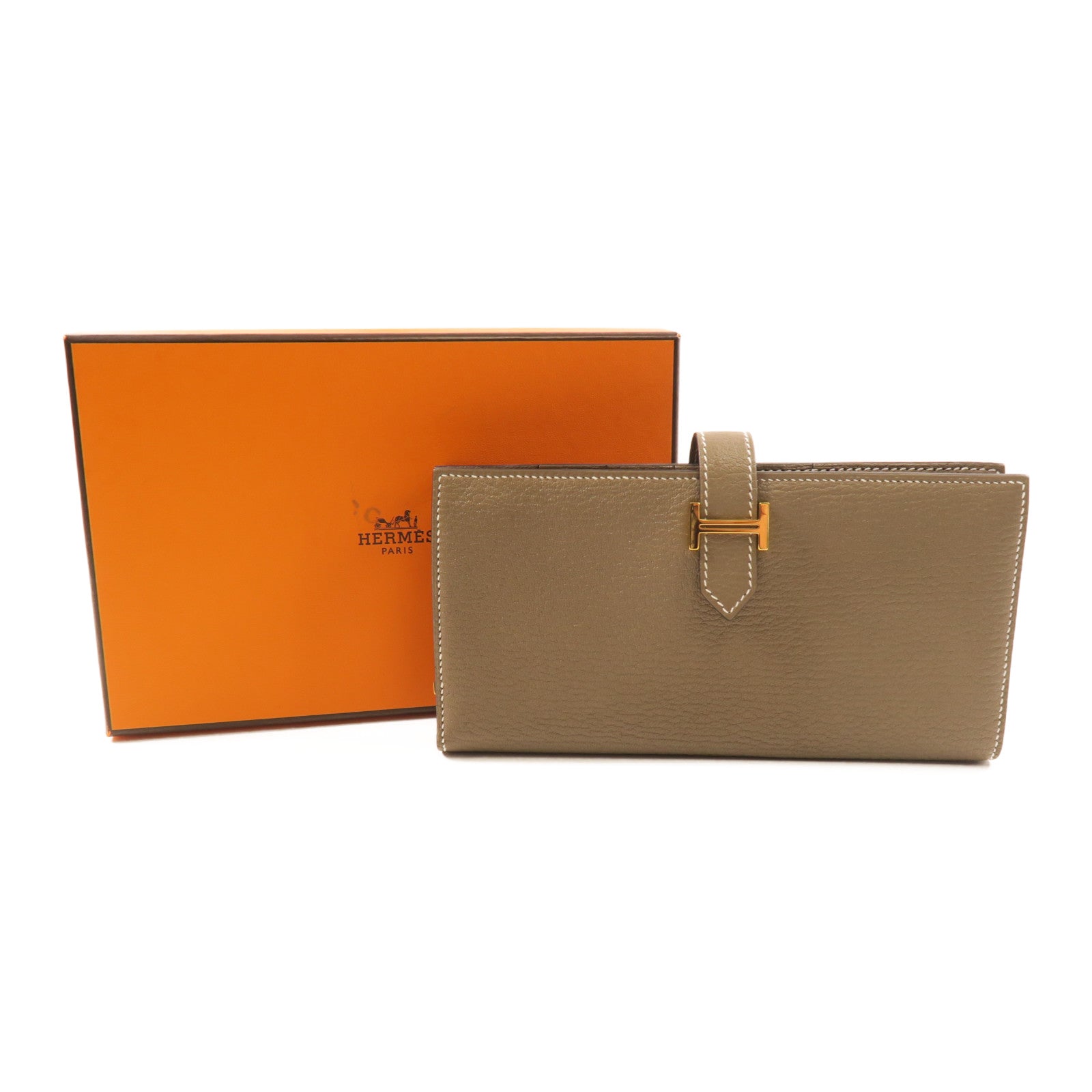 HERMES Chevre皮革Bearn Wallet金扣長錢包Etoupe