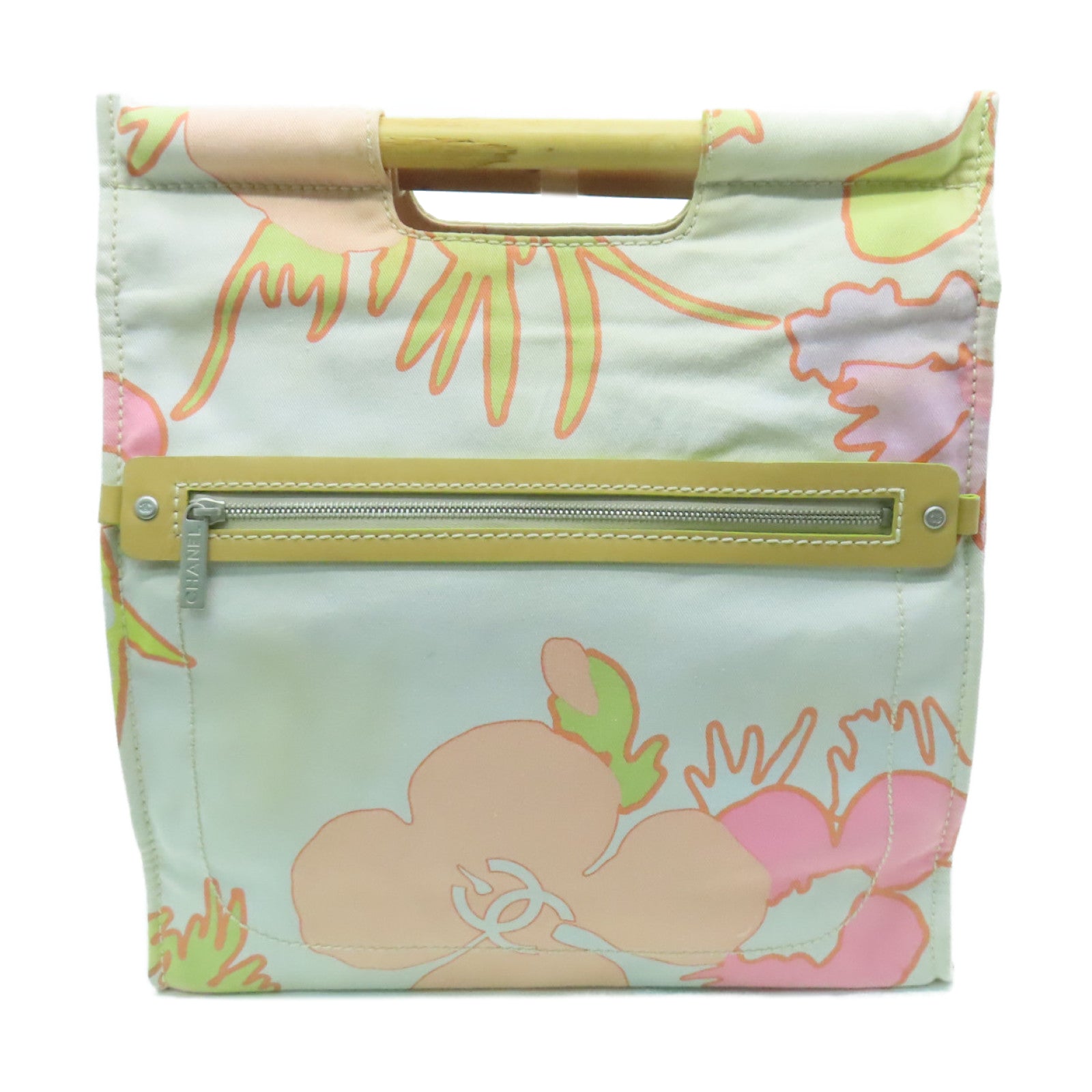 CHANEL Canvas Handbag Silver Button Handle Bag White/Multicolor