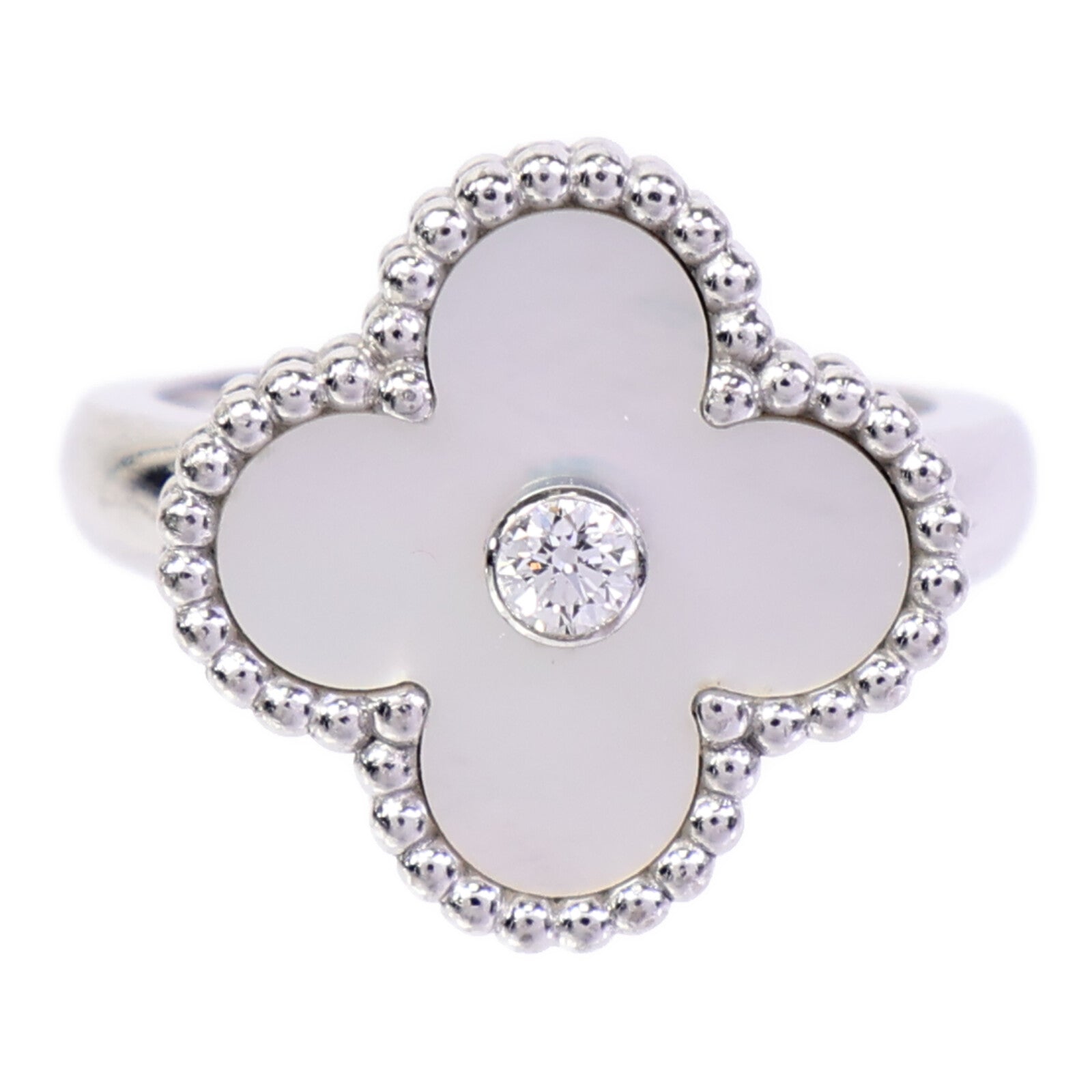 Van Cleef & Arpels 18K白金Vintage Alhambra Diamond Ring鑽石/珍珠母貝戒指
