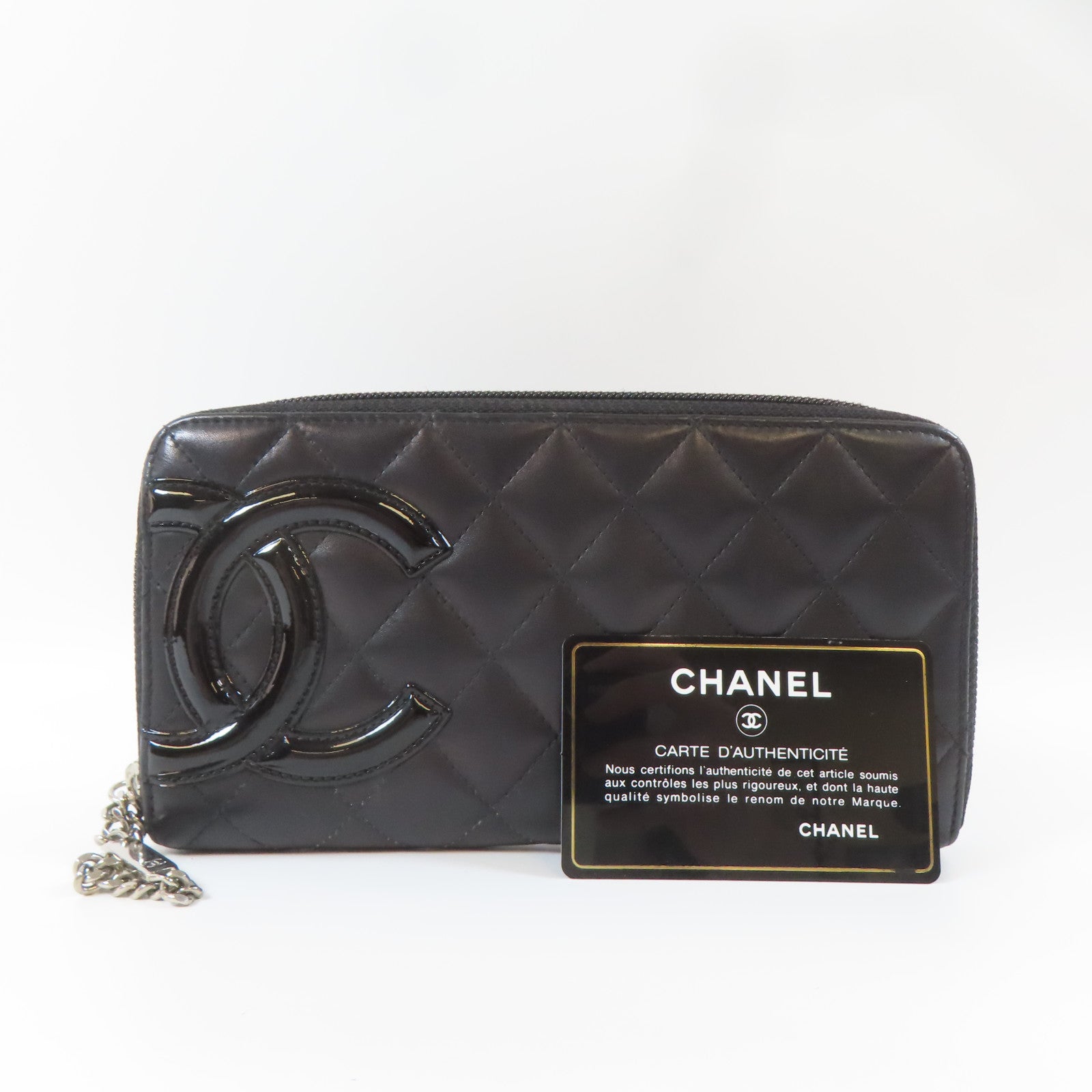 CHANEL 菱格牛皮皮革Cambon Long Wallet銀扣長錢包黑色