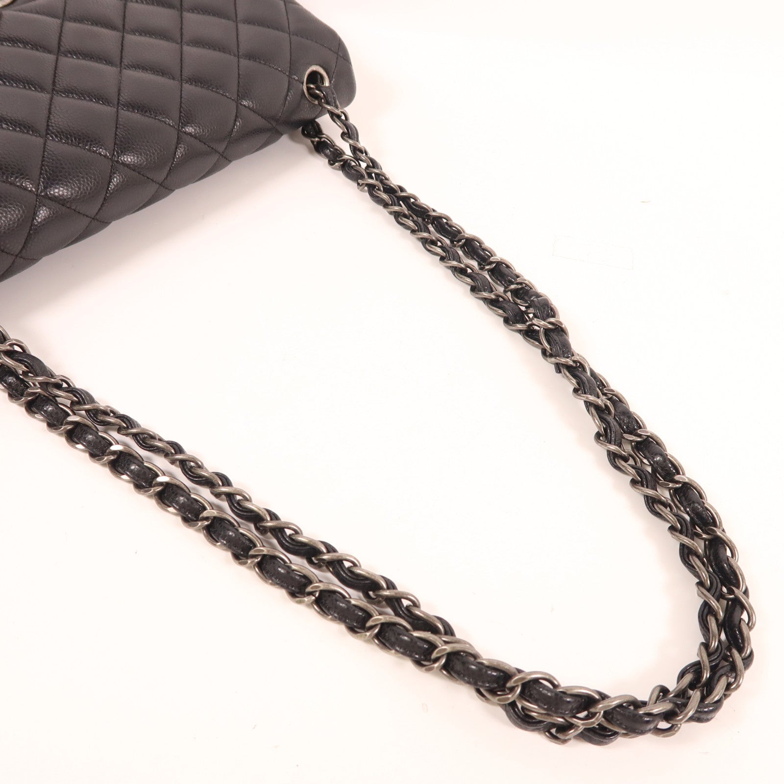 CHANEL 牛皮皮革Large Classic銀扣鏈帶肩背袋黑色
