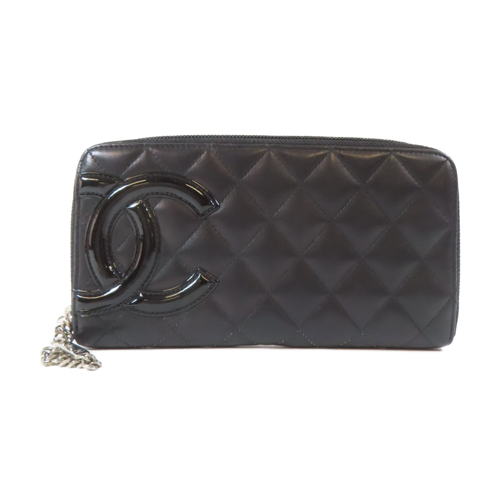 CHANEL 菱格牛皮皮革Cambon Long Wallet銀扣長錢包黑色