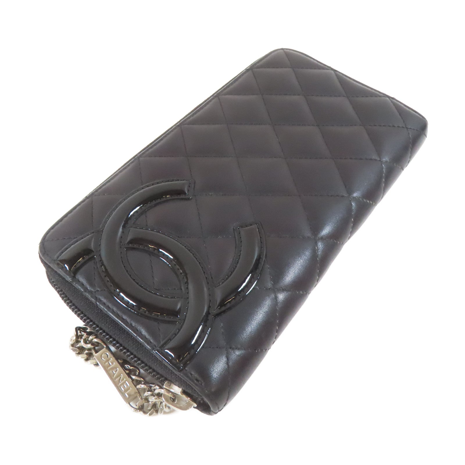 CHANEL 菱格牛皮皮革Cambon Long Wallet銀扣長錢包黑色