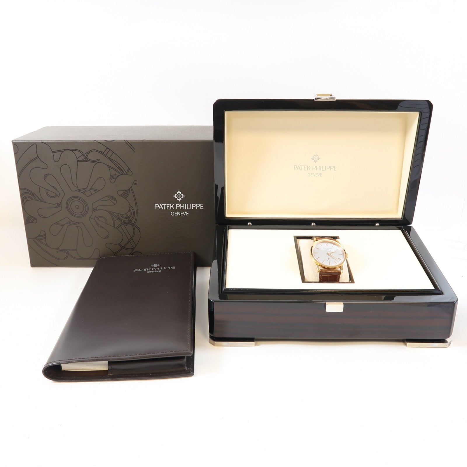 PATEK PHILIPPE Calatrava 18K玫瑰金/鱷魚皮革帶手錶手動上鏈灰色