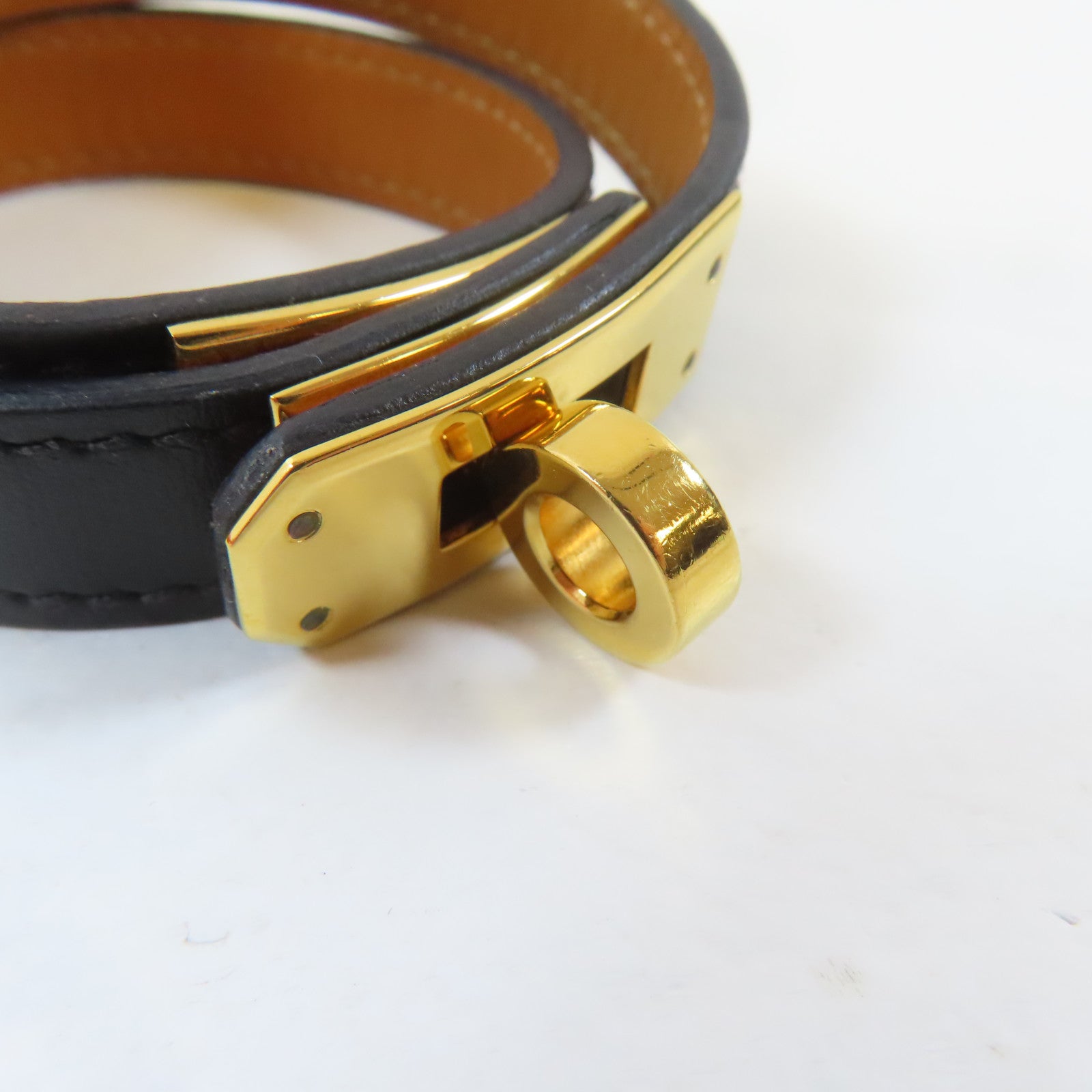 HERMES 皮革Kelly Double Tour手鐲黑色/金色Hermes#S/#15.5cm