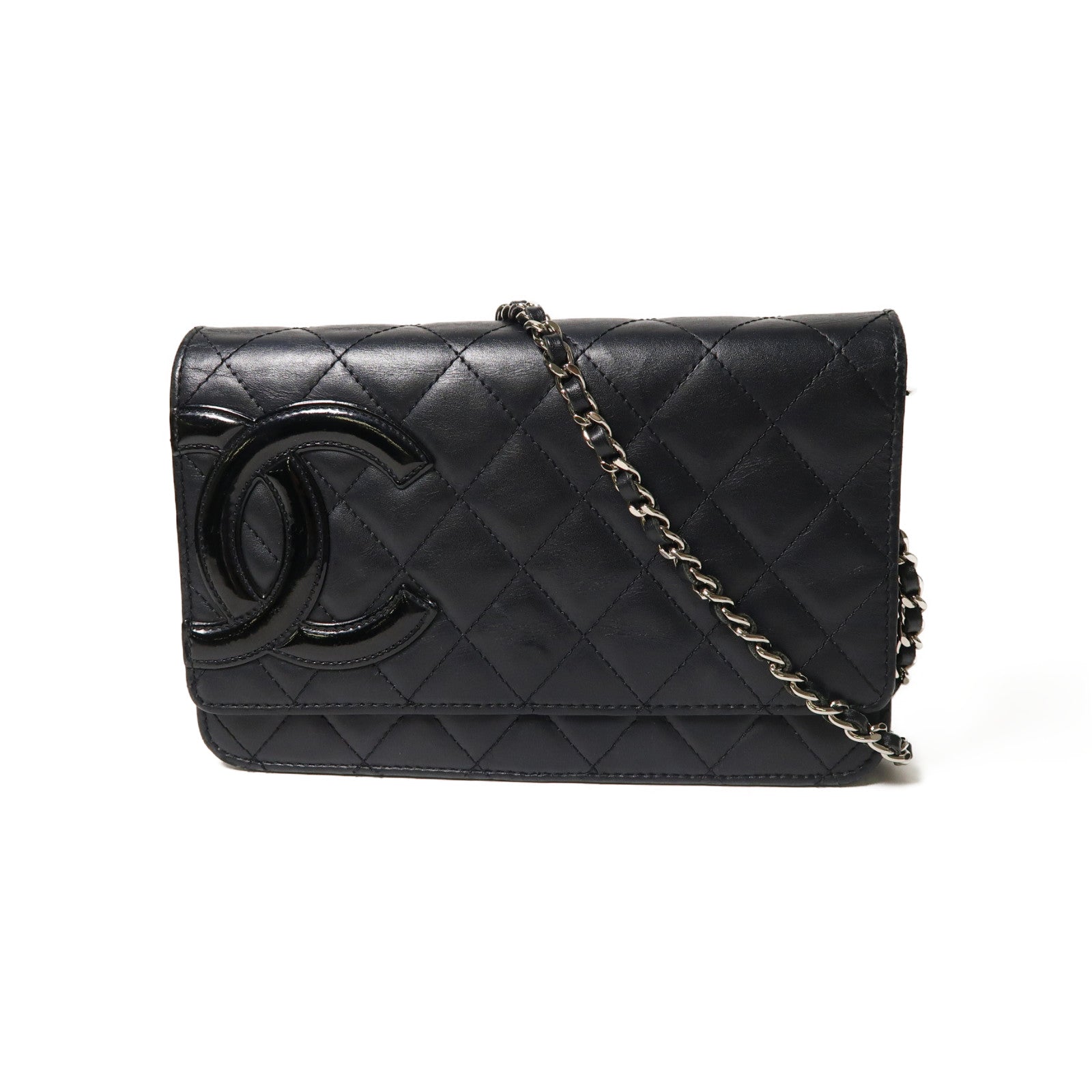 CHANEL 菱格牛皮皮革Cambon Wallet On Chain銀扣鏈帶肩背袋黑色