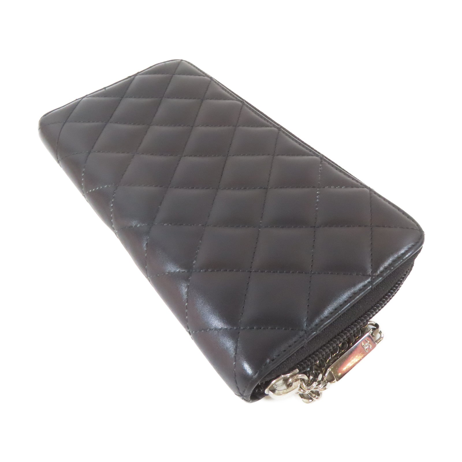 CHANEL 菱格牛皮皮革Cambon Long Wallet銀扣長錢包黑色