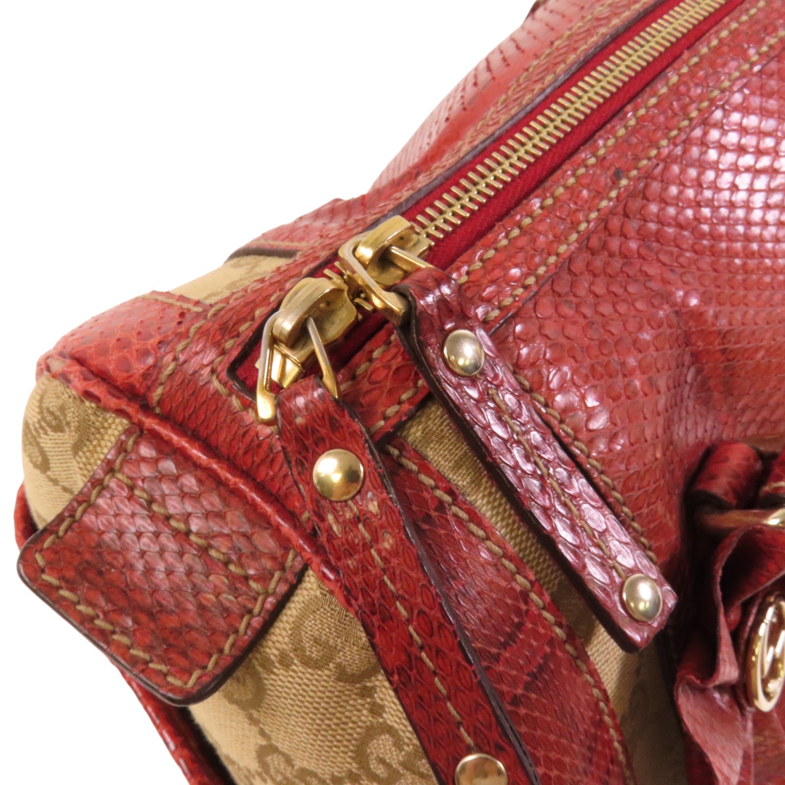 GUCCI GG帆布/蛇皮Trophy金扣手挽袋