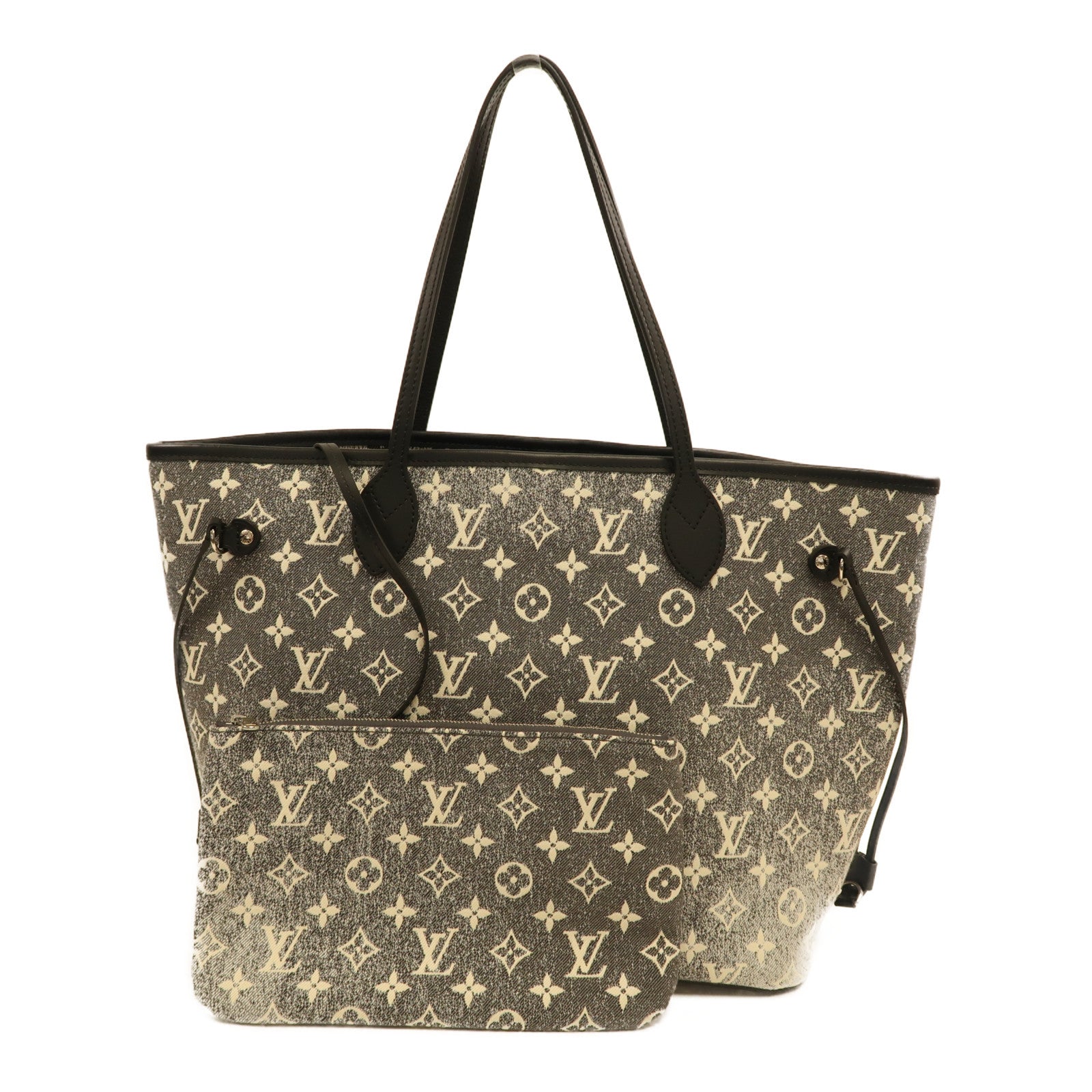LOUIS VUITTON Monogram Jaquard Denim Neverfull MM銀扣手挽袋灰色/白色