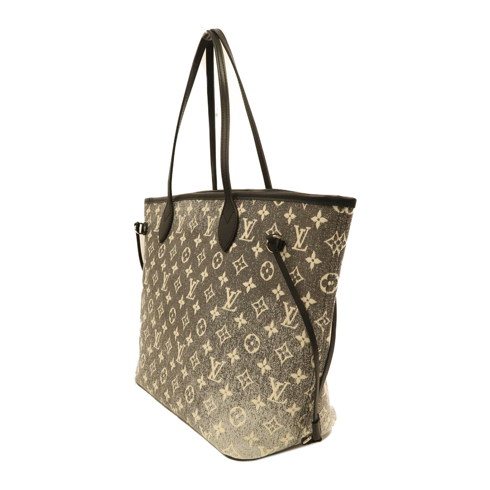 LOUIS VUITTON Monogram Jaquard Denim Neverfull MM銀扣手挽袋灰色/白色