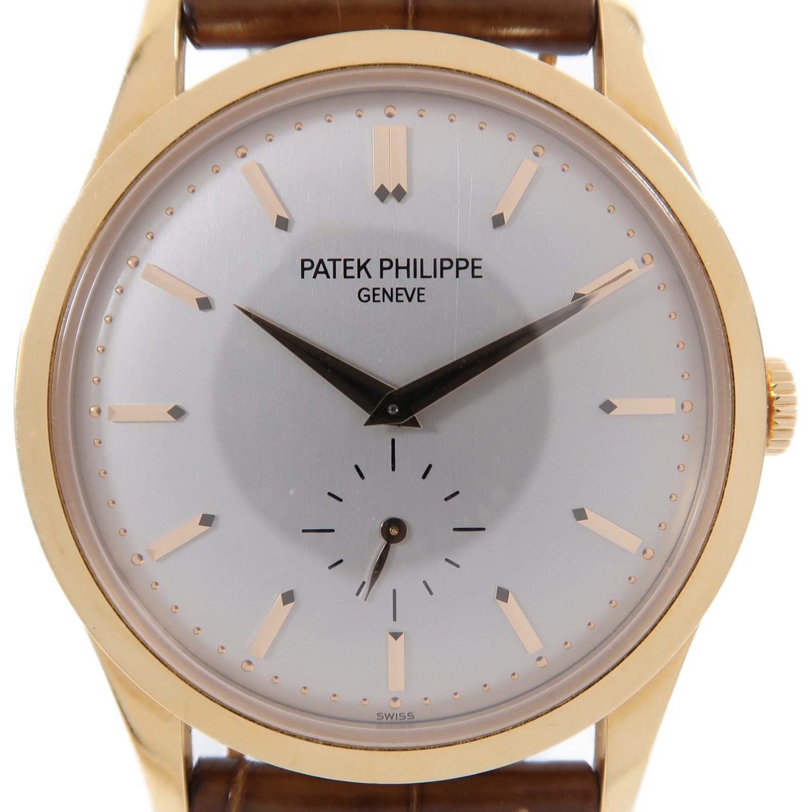 PATEK PHILIPPE Calatrava 18K玫瑰金/鱷魚皮革帶手錶手動上鏈灰色