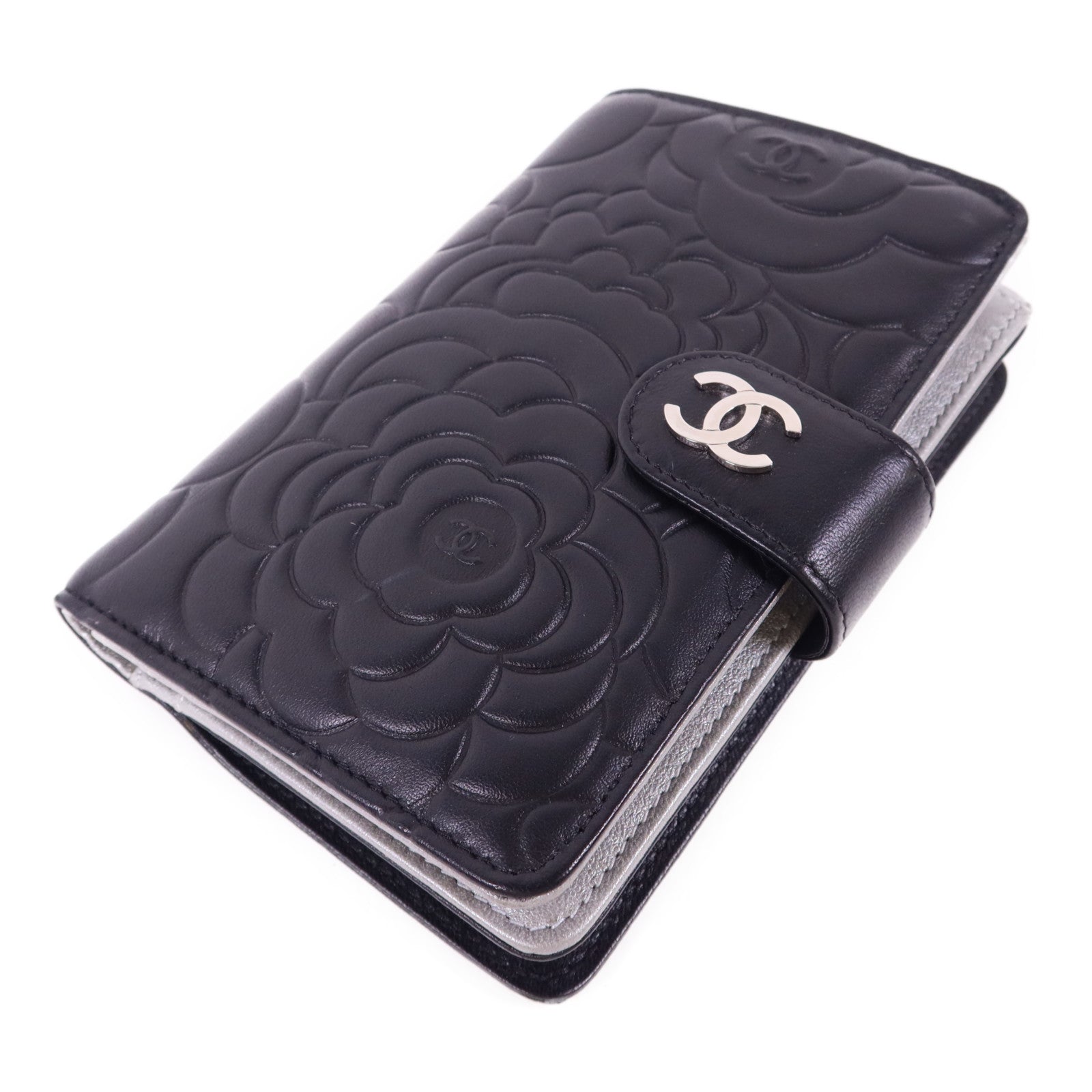 CHANEL 羊皮皮革Camellia Wallet銀扣錢包