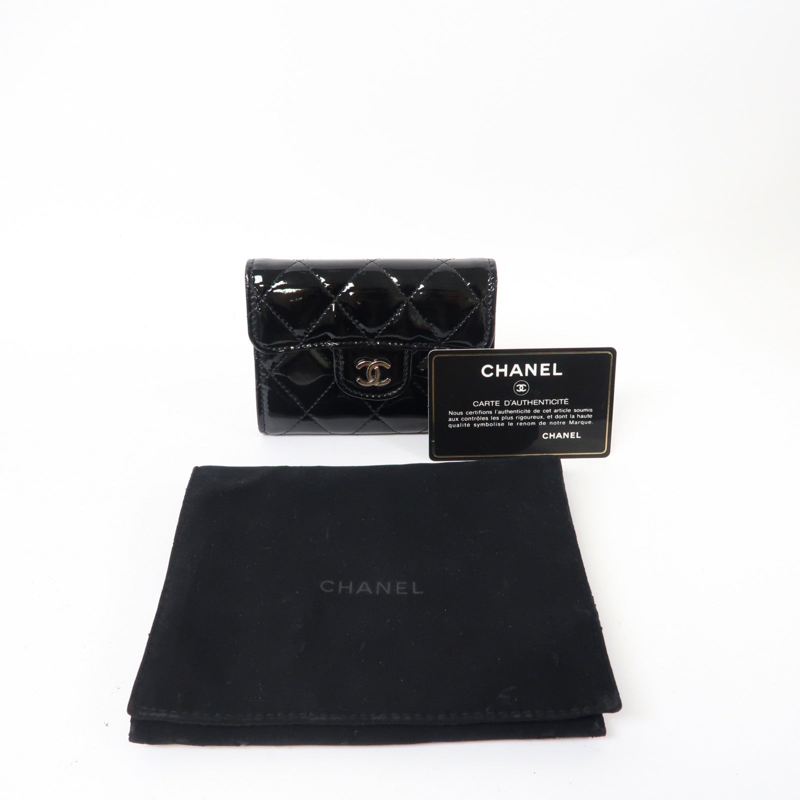 CHANEL 菱格漆皮皮革Card Case銀扣卡片套黑色