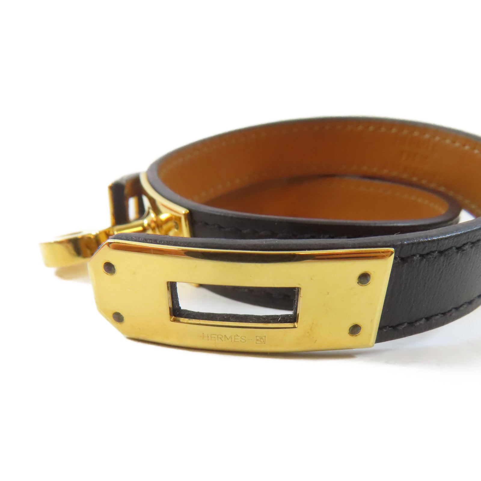 HERMES 皮革Kelly Double Tour手鐲黑色/金色Hermes#S/#15.5cm