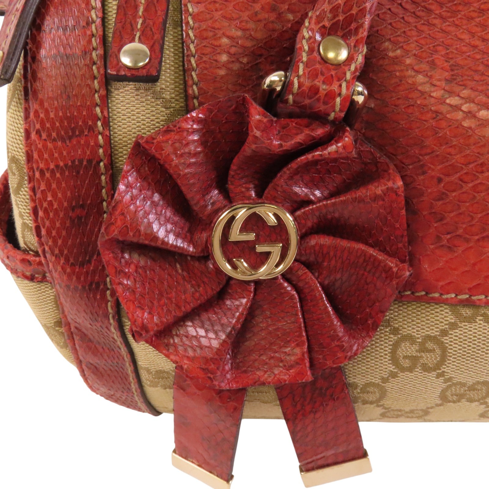 GUCCI GG帆布/蛇皮Trophy金扣手挽袋