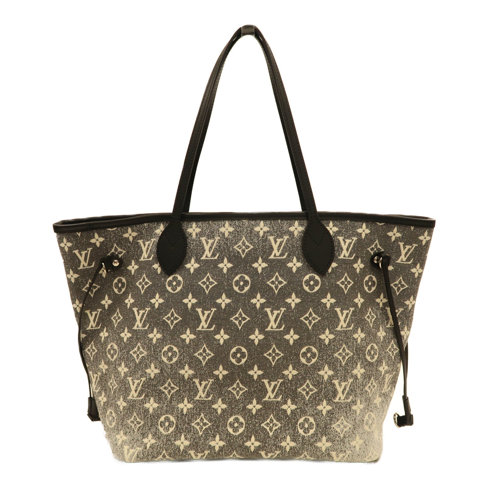 LOUIS VUITTON Monogram Jaquard Denim Neverfull MM銀扣手挽袋灰色/白色