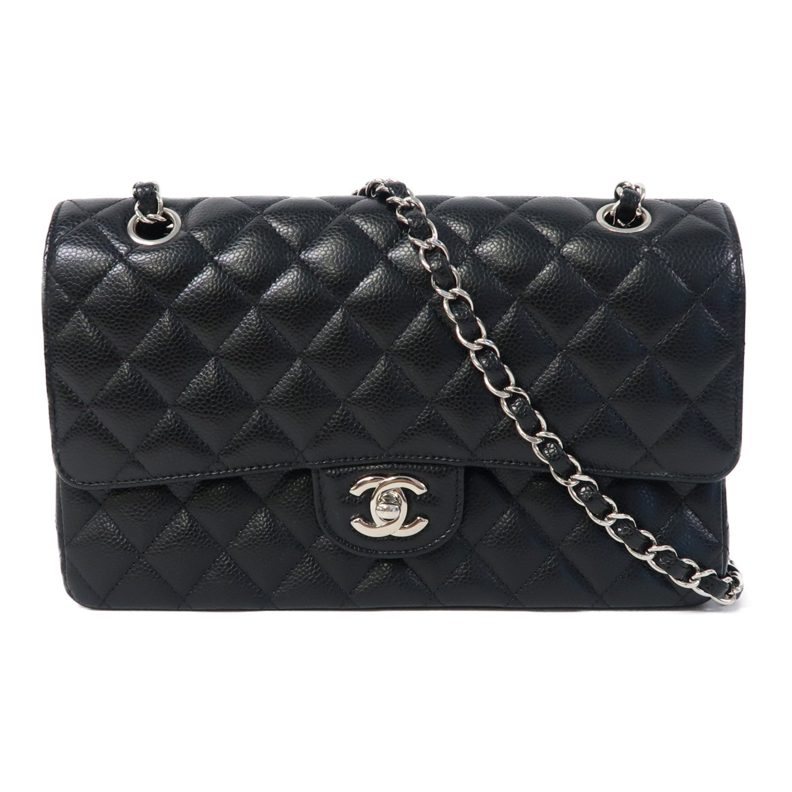 CHANEL 菱格Caviar皮革Classic 25銀扣肩背袋黑色
