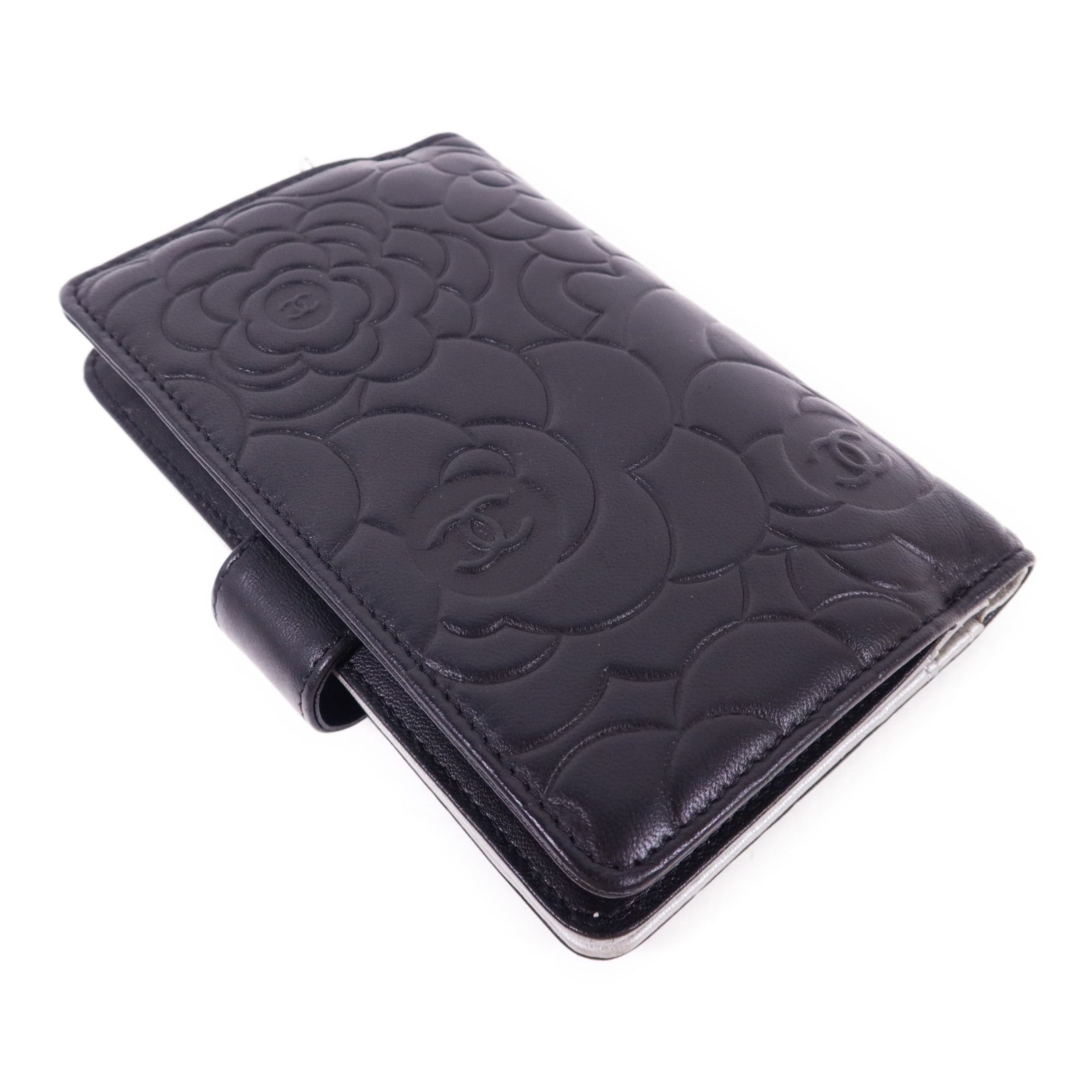 CHANEL 羊皮皮革Camellia Wallet銀扣錢包