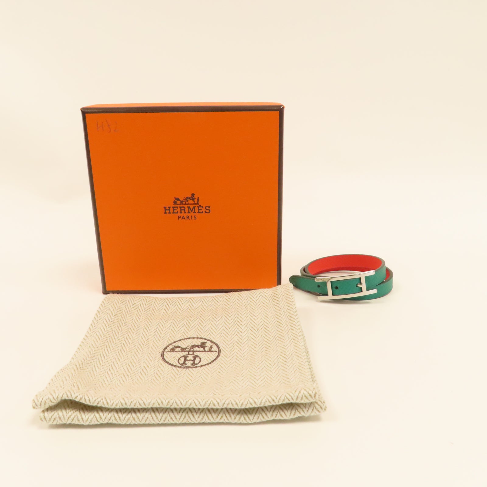 HERMES Epsom皮革Behapi Double Tour銀扣手鏈綠色