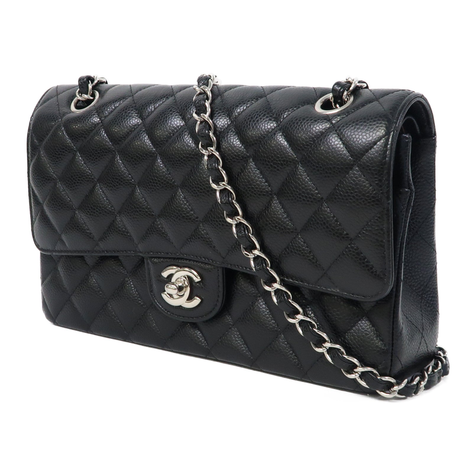 CHANEL 菱格Caviar皮革Classic 25銀扣肩背袋黑色