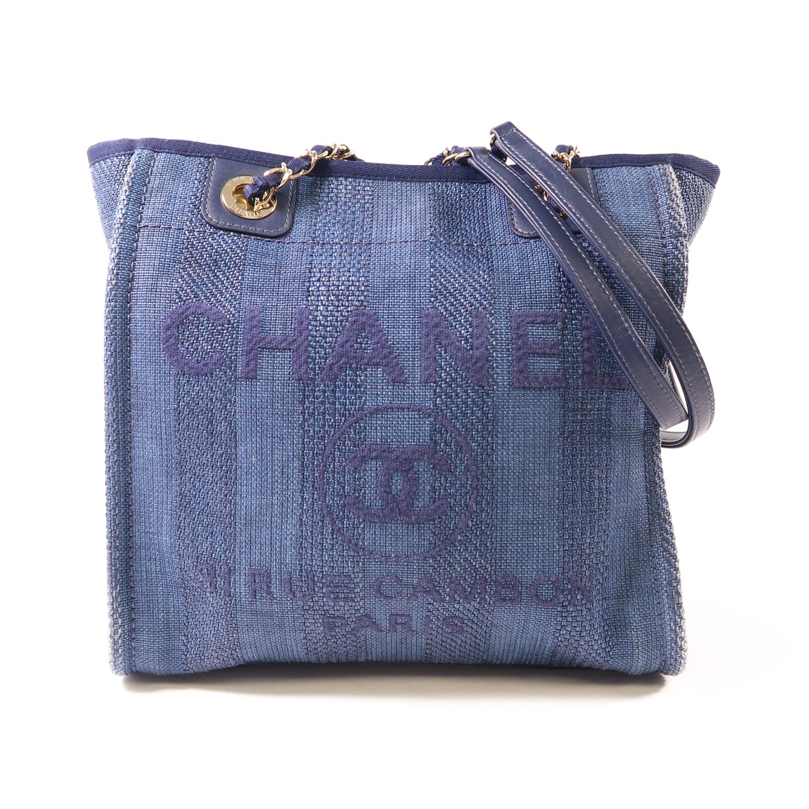 CHANEL 帆布Shoulder Bag金扣肩背袋深藍色