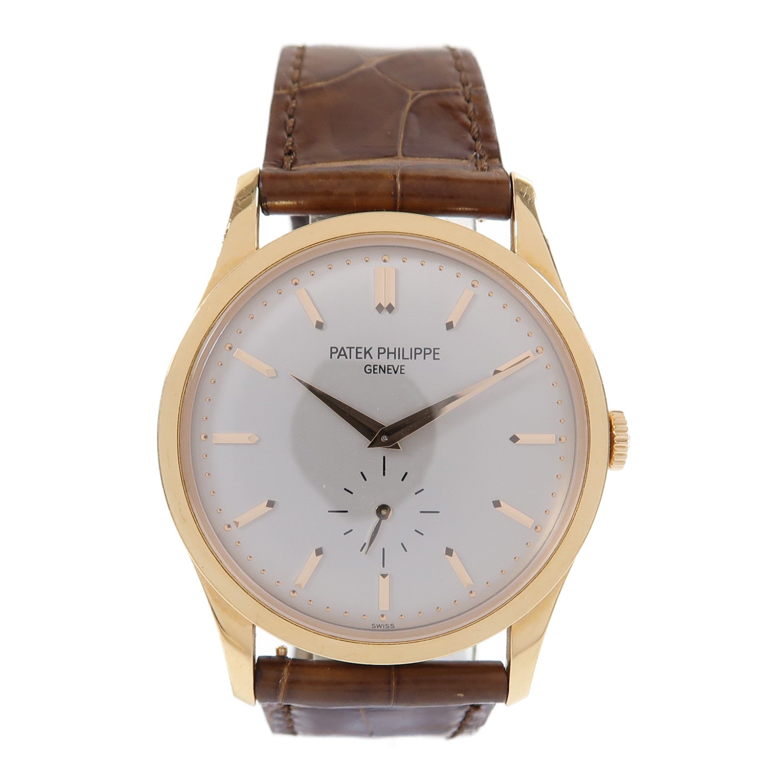 PATEK PHILIPPE Calatrava 18K玫瑰金/鱷魚皮革帶手錶手動上鏈灰色