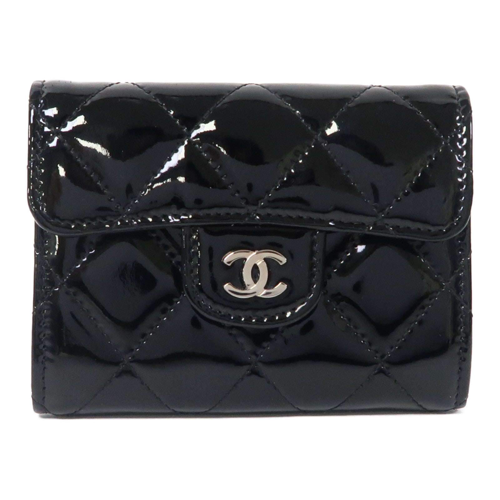 CHANEL 菱格漆皮皮革Card Case銀扣卡片套黑色