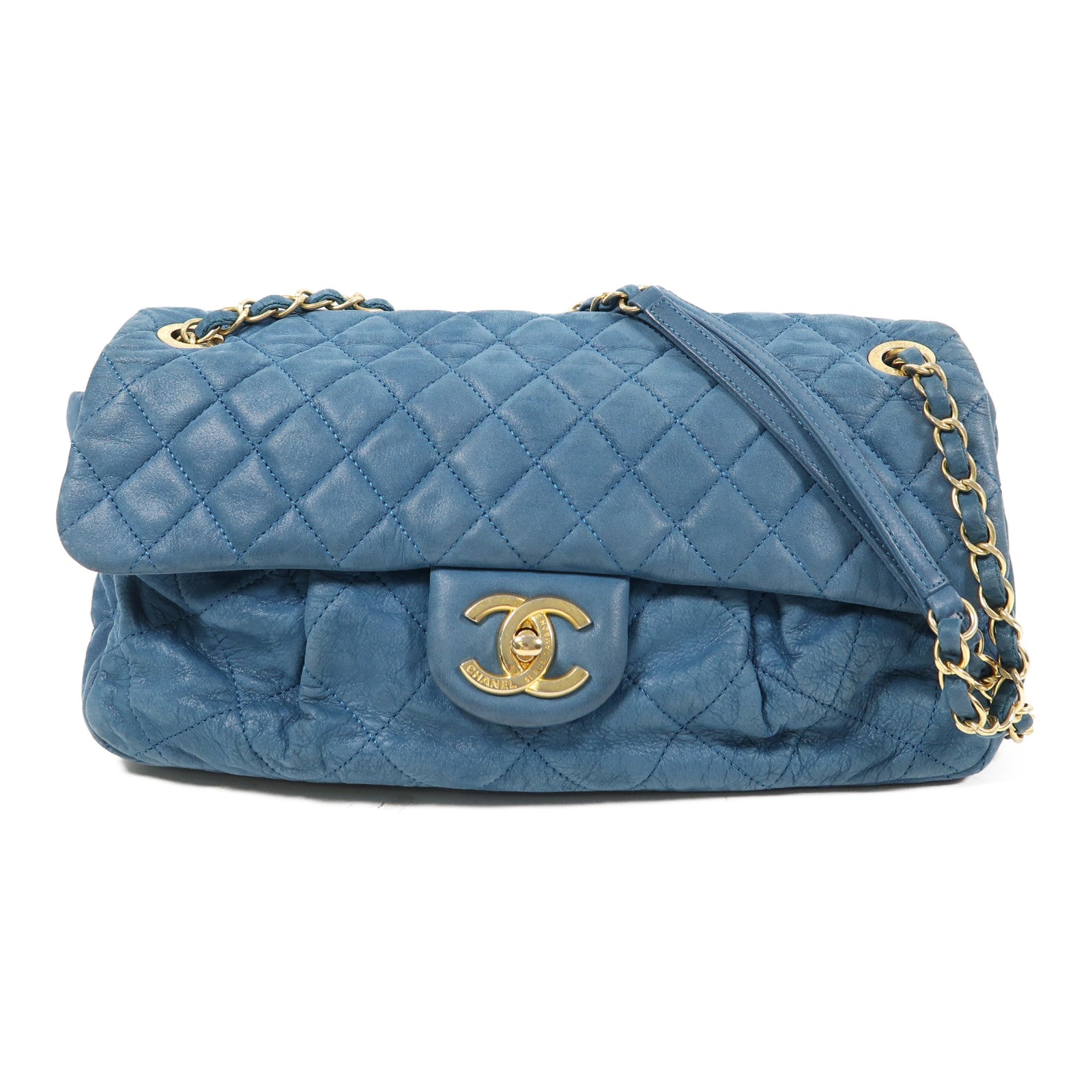 CHANEL 菱格羊皮皮革Chain Shoulder Bag金扣鏈帶肩背袋藍色