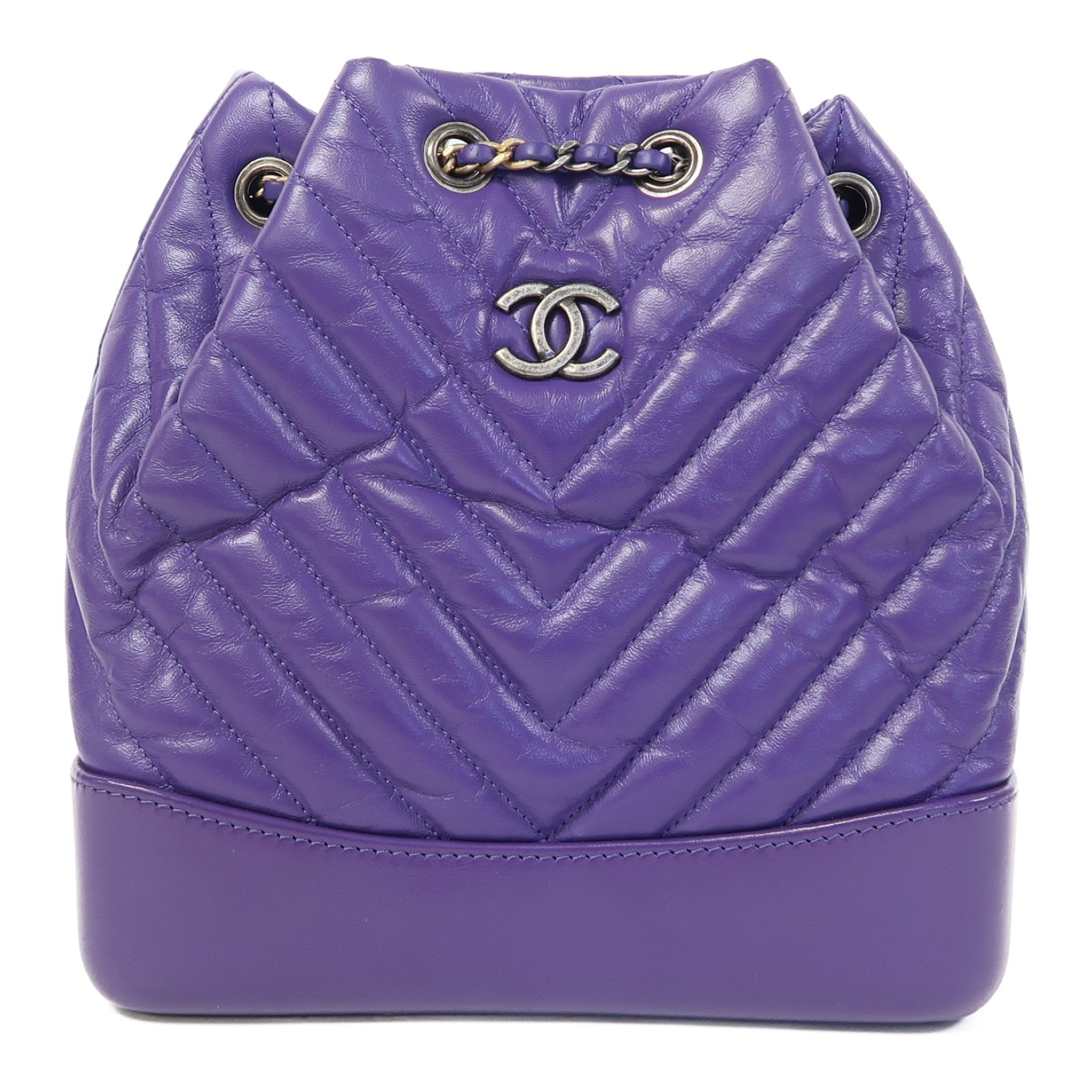 CHANEL 【激減優惠】斜紋牛皮皮革Gabrielle Backpack銀扣背包紫色