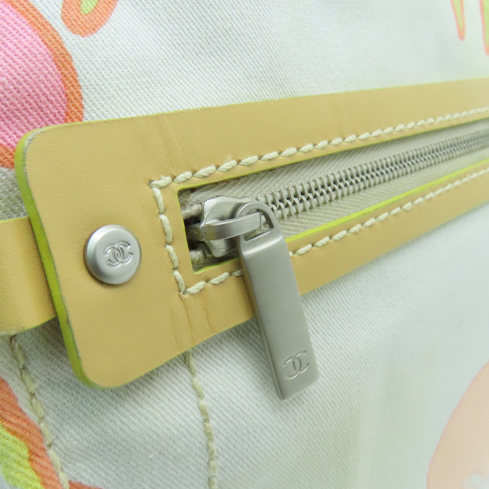 CHANEL Canvas Handbag Silver Button Handle Bag White/Multicolor