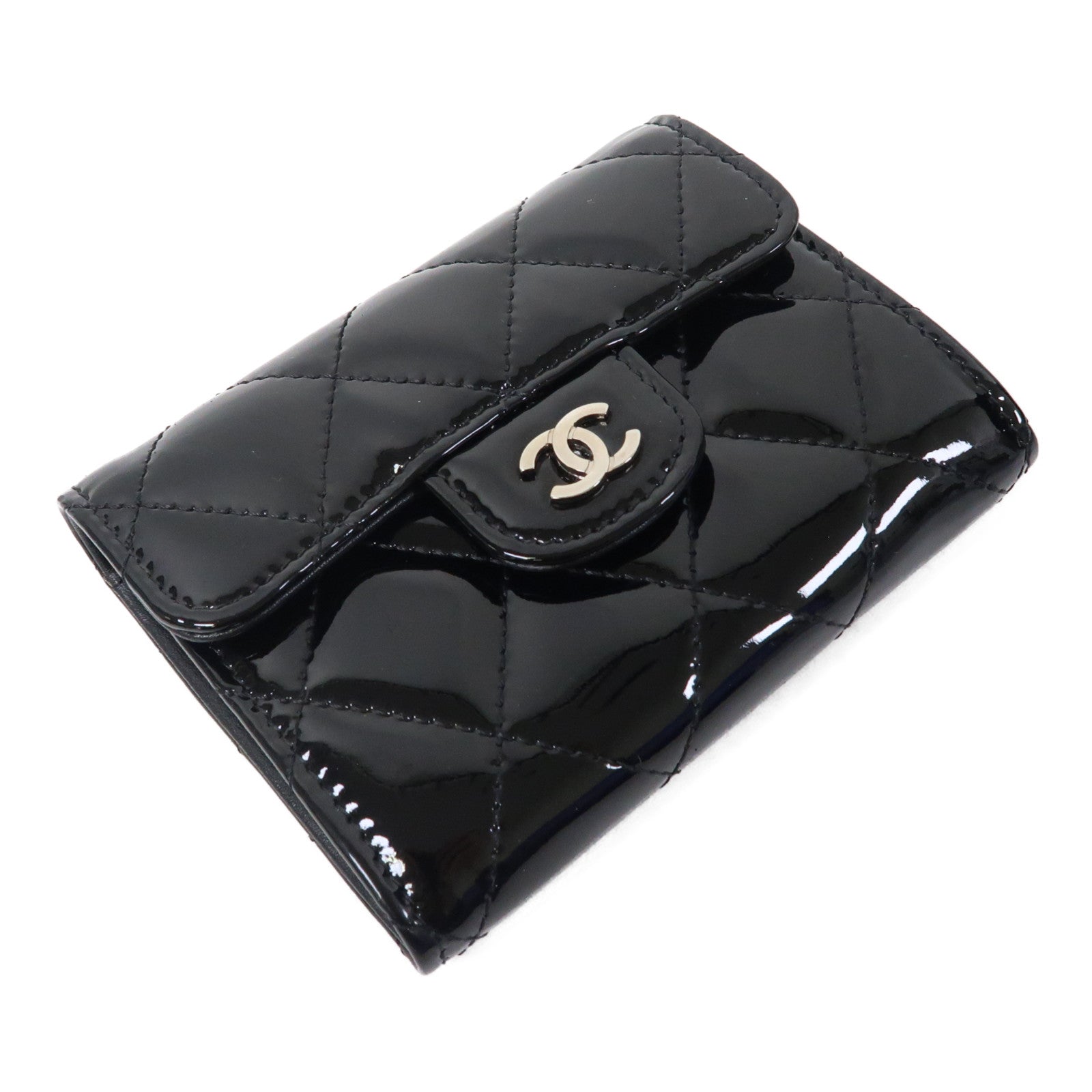 CHANEL 菱格漆皮皮革Card Case銀扣卡片套黑色