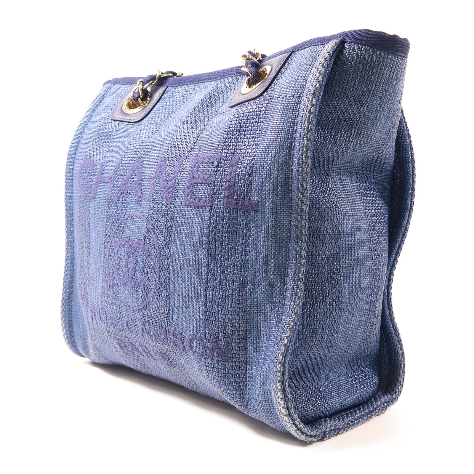 CHANEL 帆布Shoulder Bag金扣肩背袋深藍色