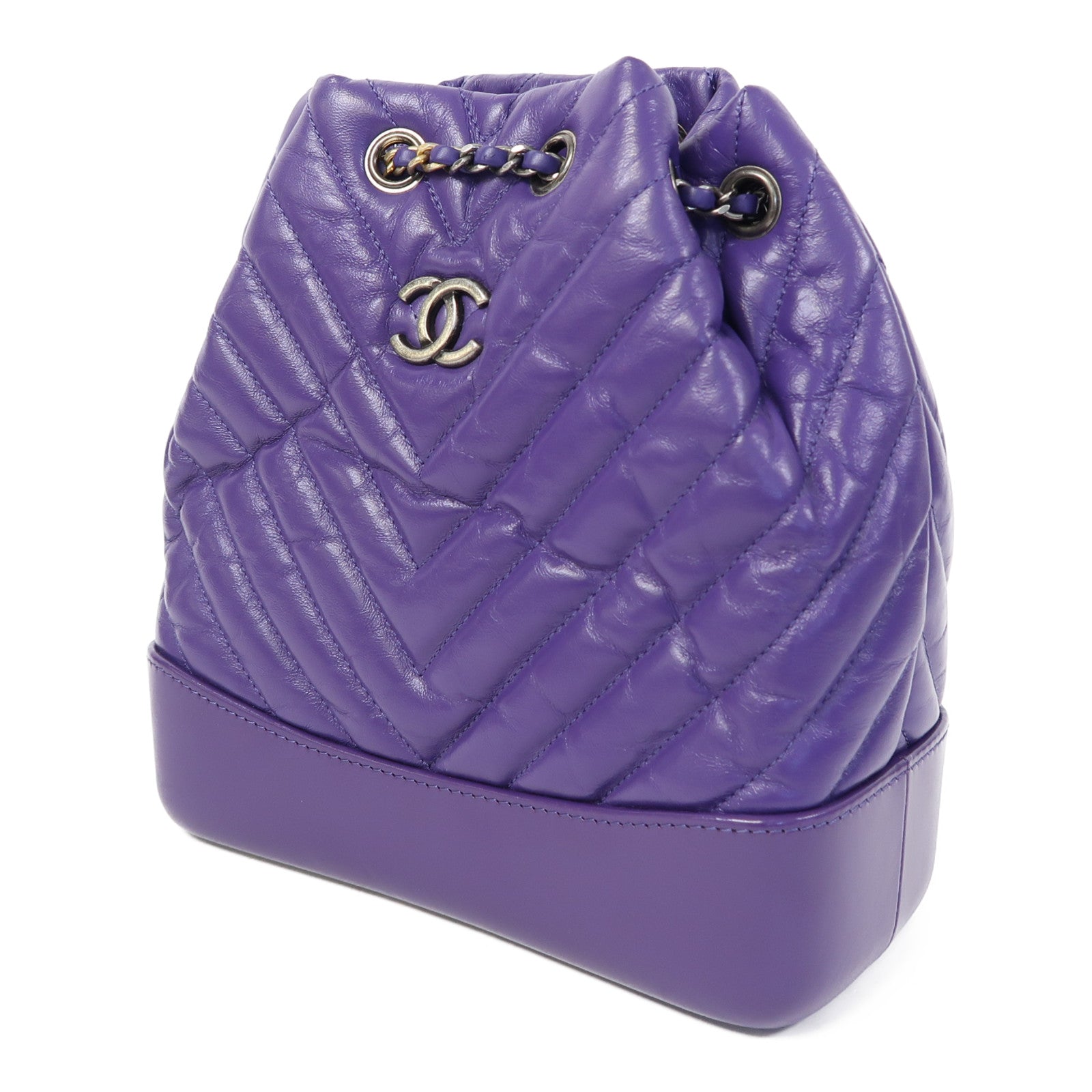 CHANEL 【激減優惠】斜紋牛皮皮革Gabrielle Backpack銀扣背包紫色