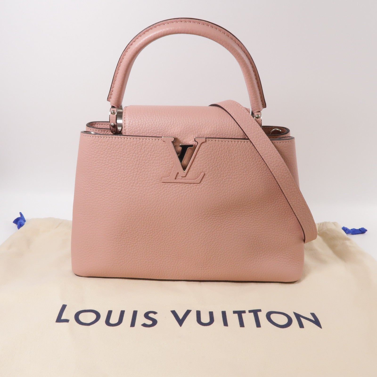 LOUIS VUITTON 【激減優惠】牛皮皮革Capucines MM銀扣手挽肩背兩用袋粉紅色