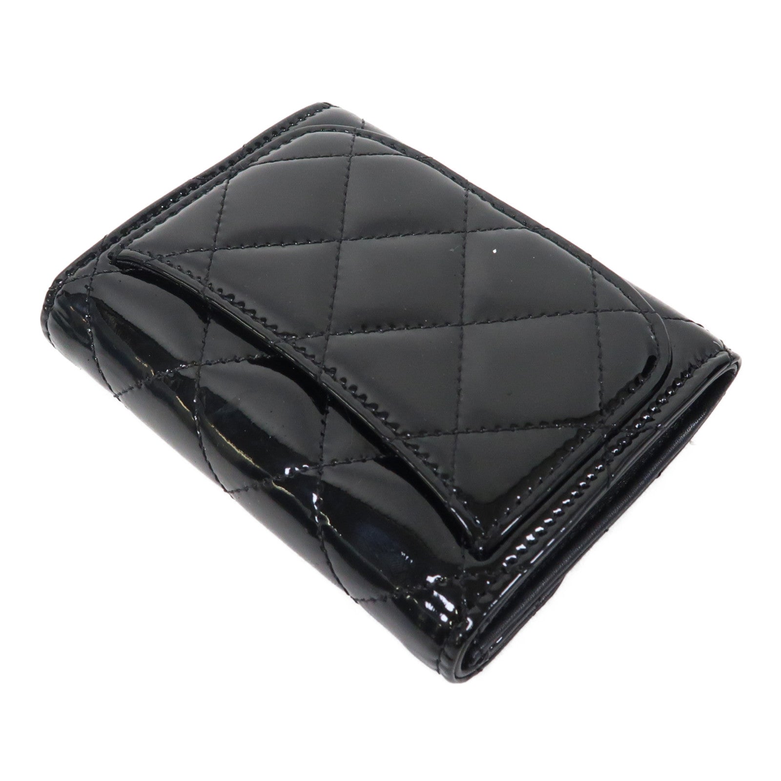 CHANEL 菱格漆皮皮革Card Case銀扣卡片套黑色