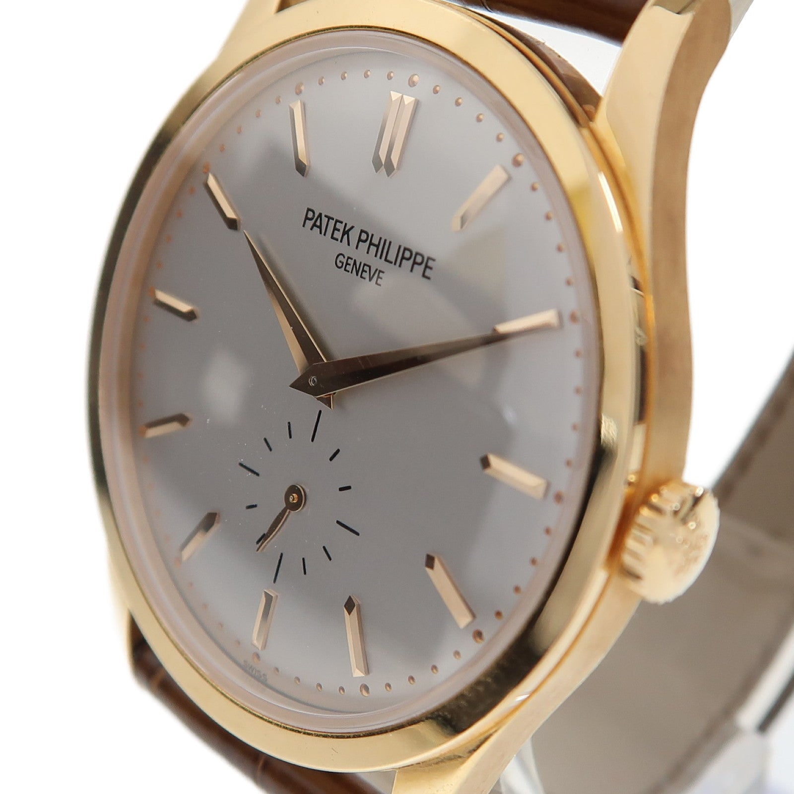 PATEK PHILIPPE Calatrava 18K玫瑰金/鱷魚皮革帶手錶手動上鏈灰色