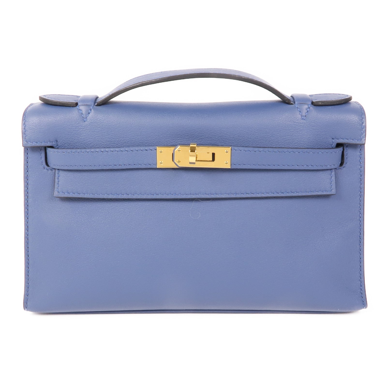 HERMES Swift皮革Pochette Kelly銀扣手挽袋R2 Bleu Agate