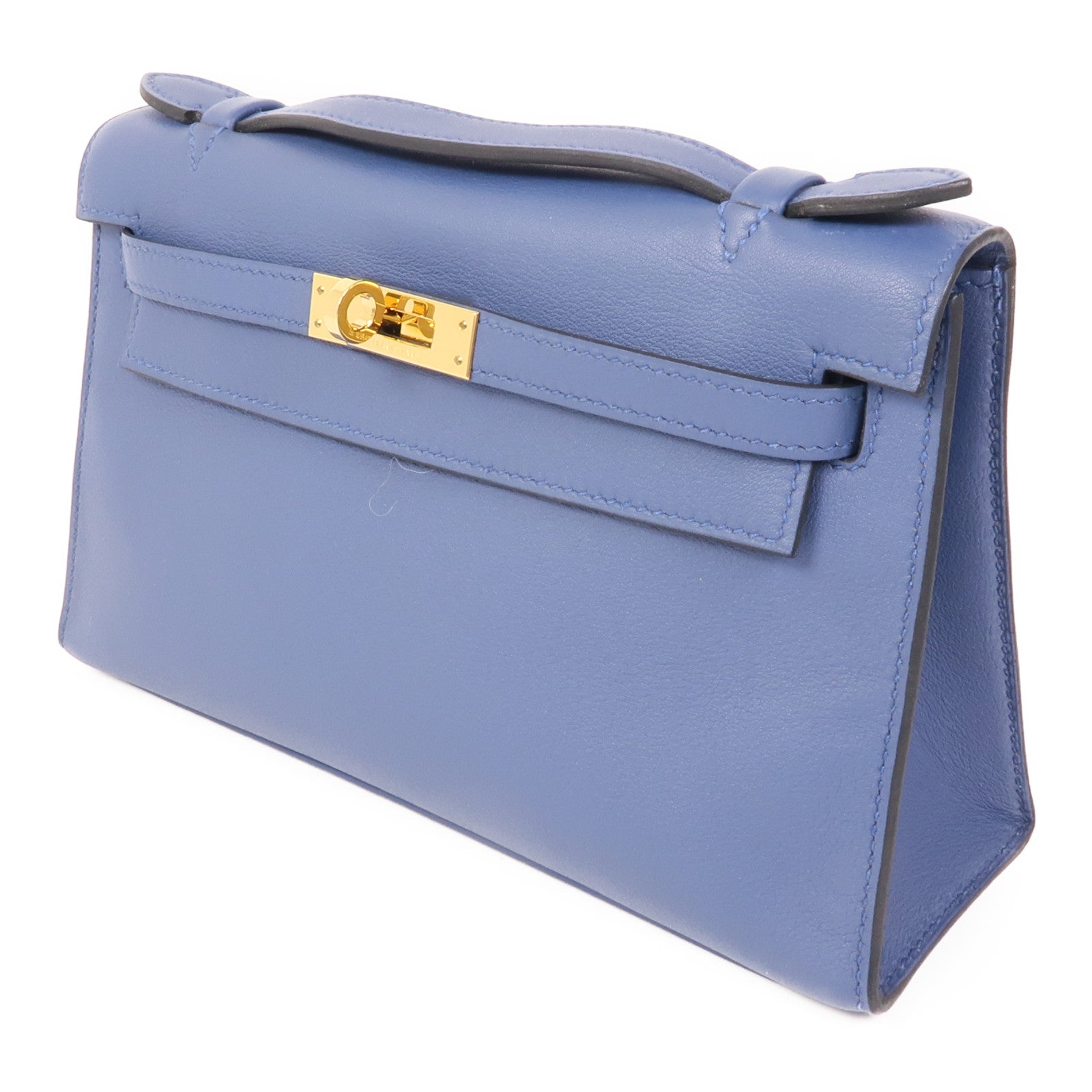 HERMES Swift皮革Pochette Kelly銀扣手挽袋R2 Bleu Agate