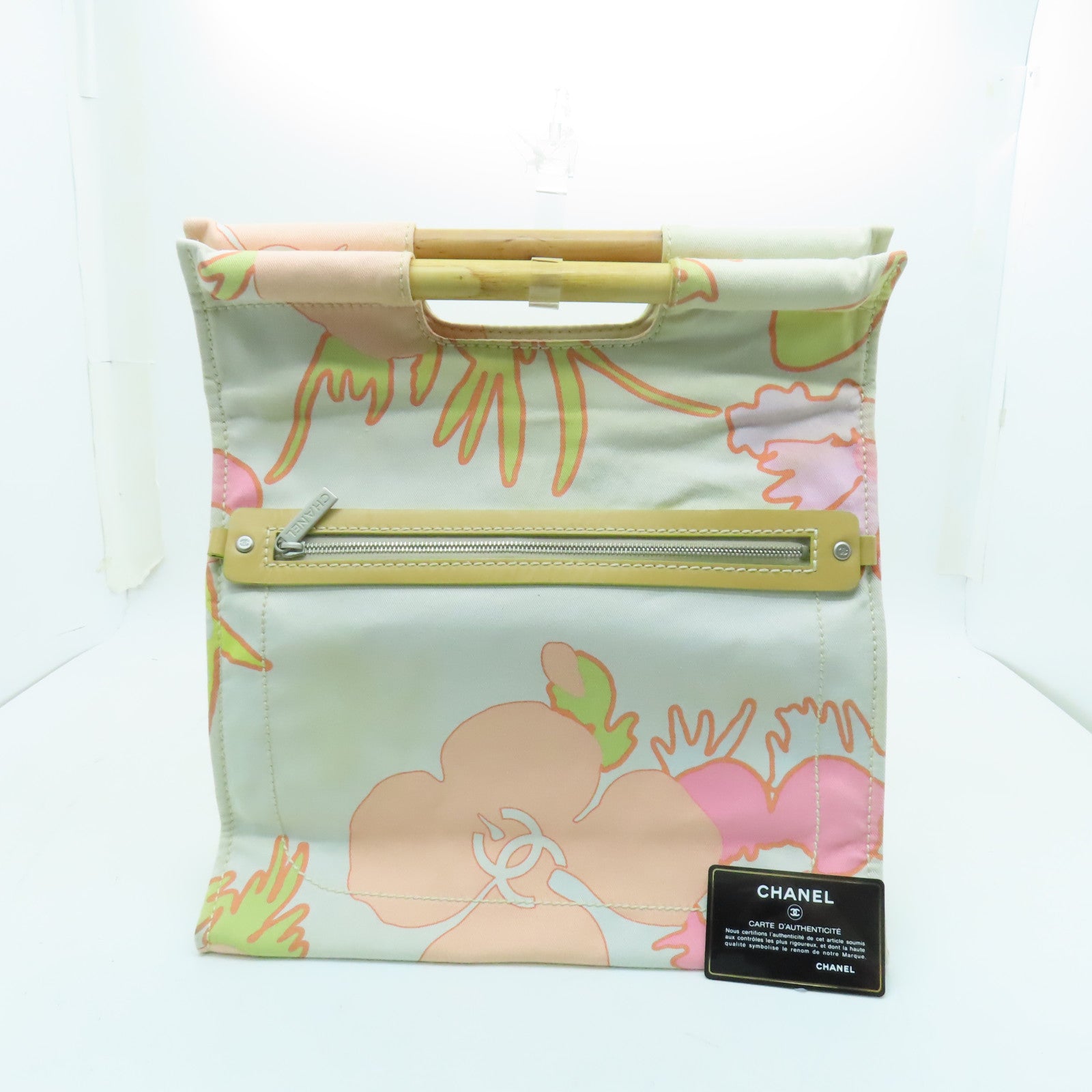 CHANEL Canvas Handbag Silver Button Handle Bag White/Multicolor