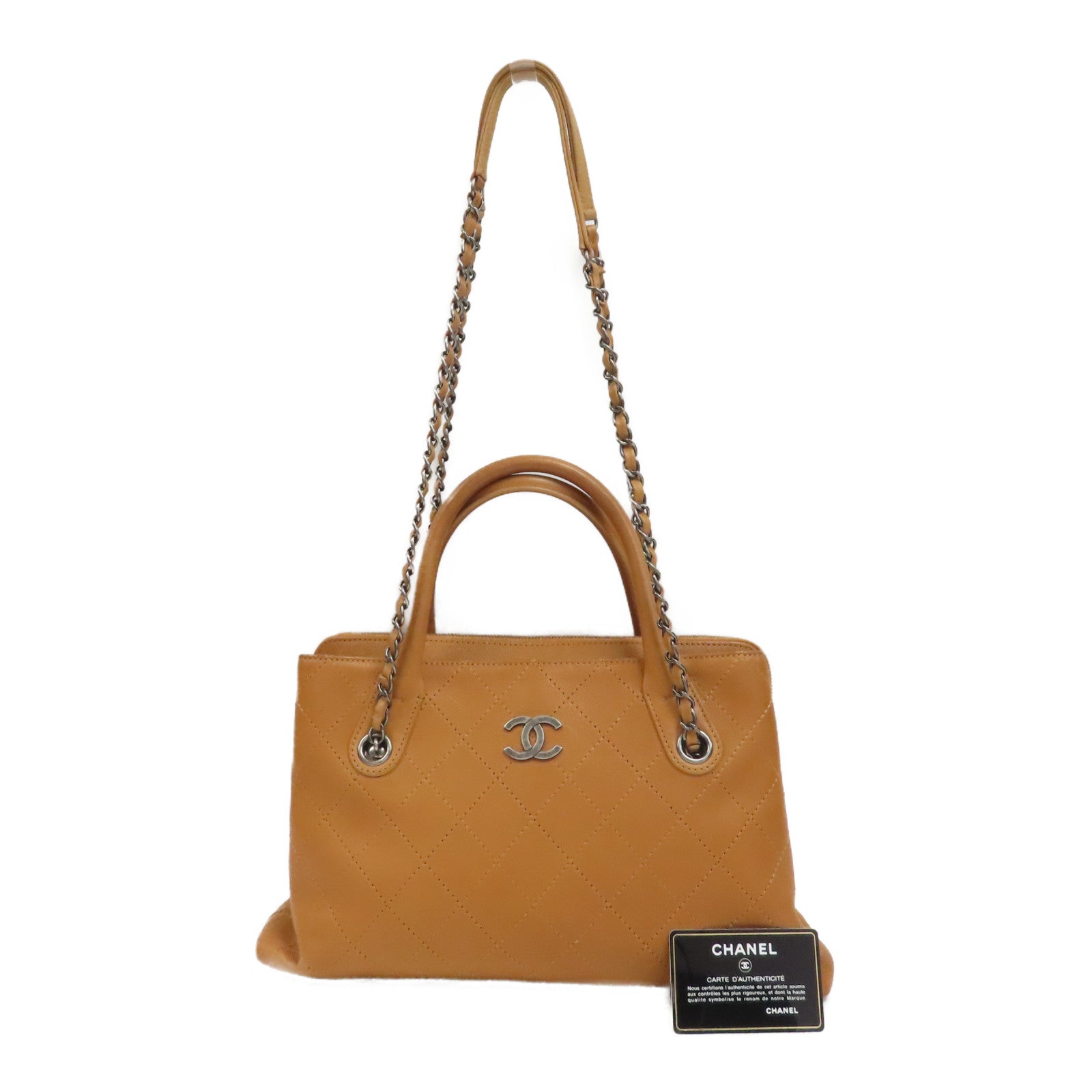 CHANEL 【激減優惠】菱格Caviar皮革Zip Shopping Tote銀扣手挽肩背兩用袋啡色